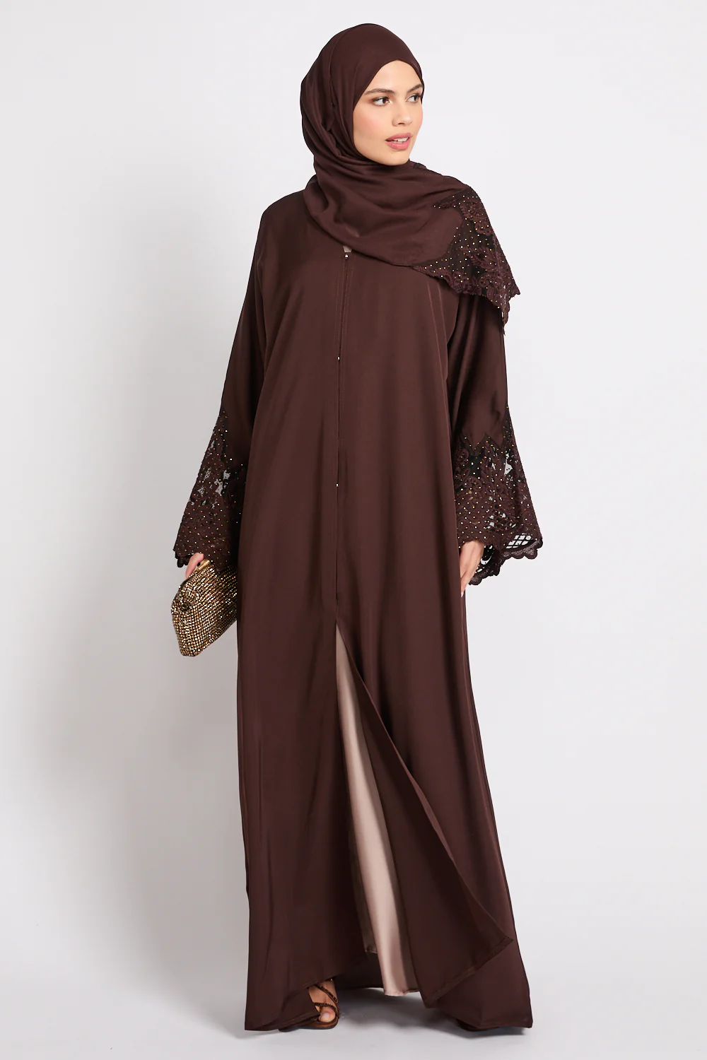 Mahogany Rouge Open Abaya with Embellished Cuffs - Image 8