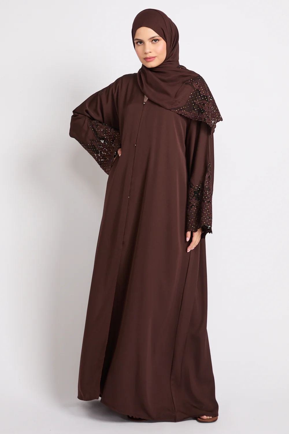 Mahogany Rouge Open Abaya with Embellished Cuffs - Image 9