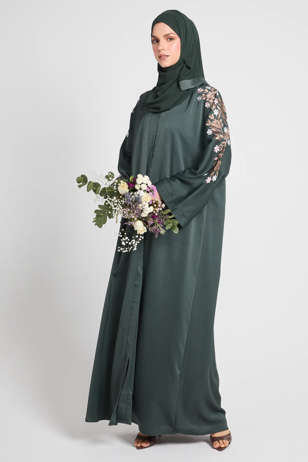 Mallard Green Textured Floral Embroidered Open Abaya - Image 8
