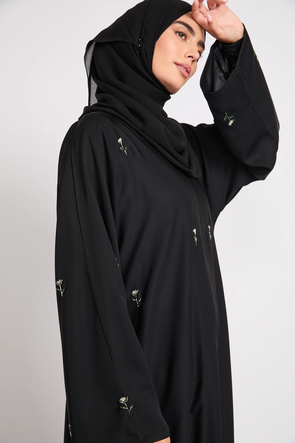 Midnight Bloom Embellished Open Abaya - Black - Image 2