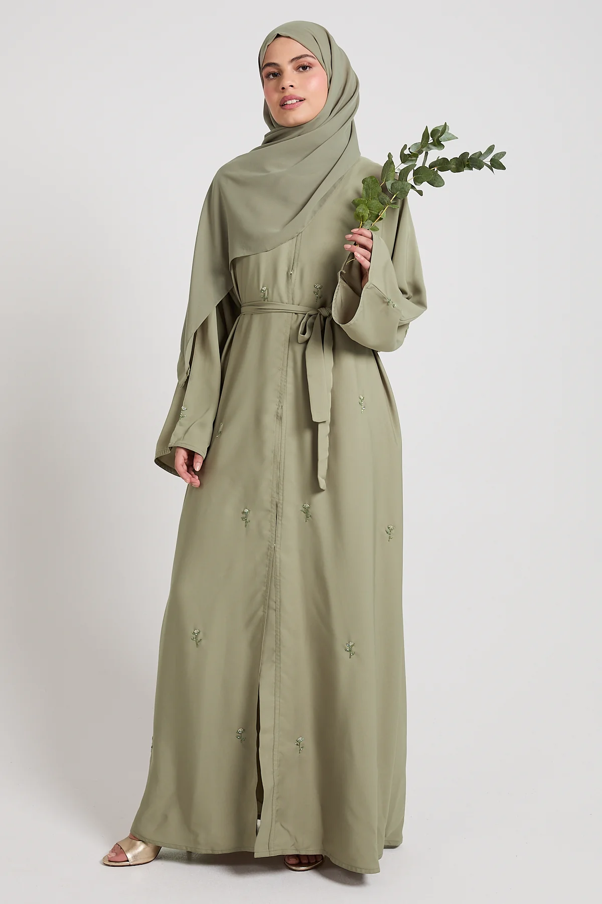 Midnight Bloom Embellished Open Abaya - Pistachio