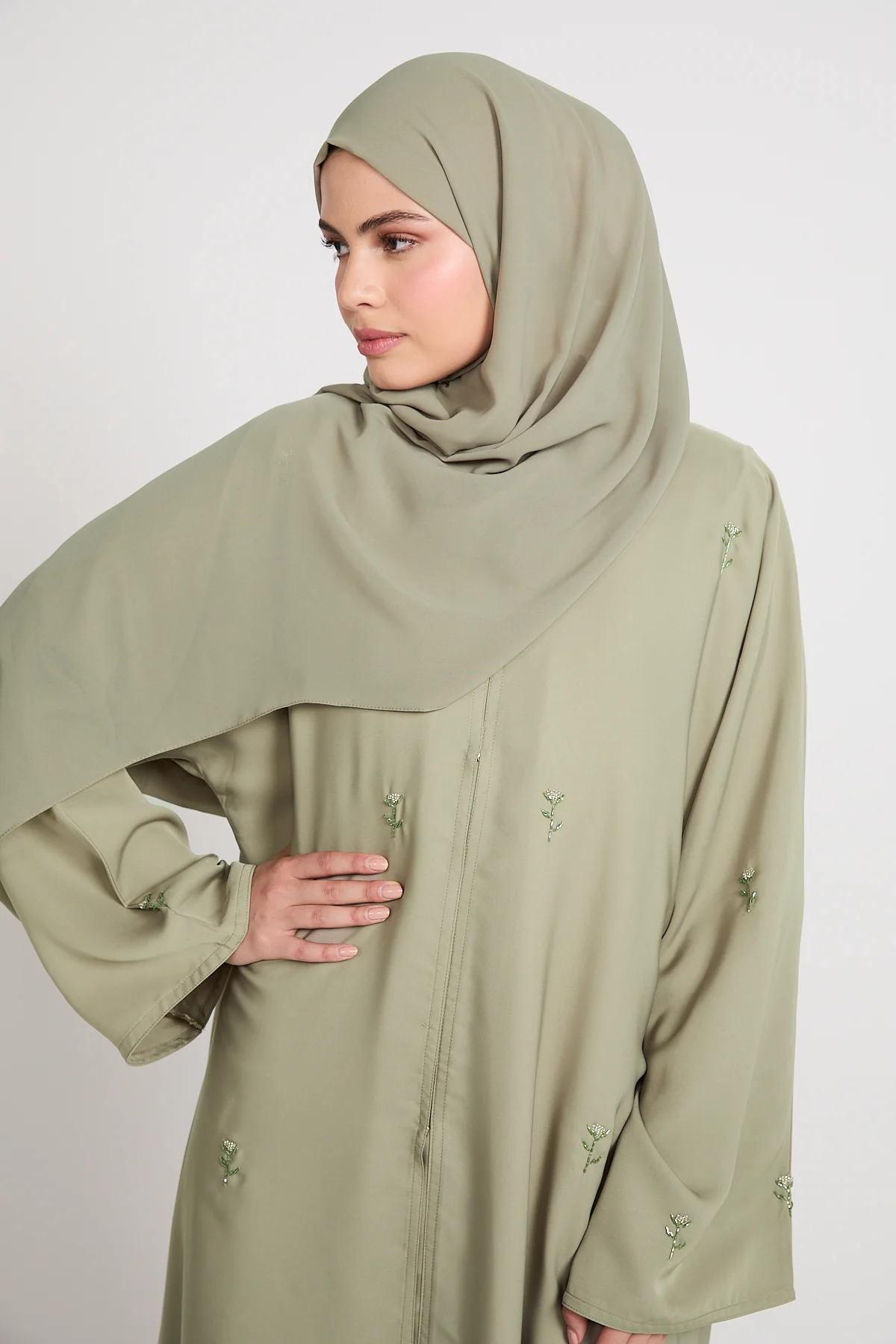 Midnight Bloom Embellished Open Abaya - Pistachio - Image 2