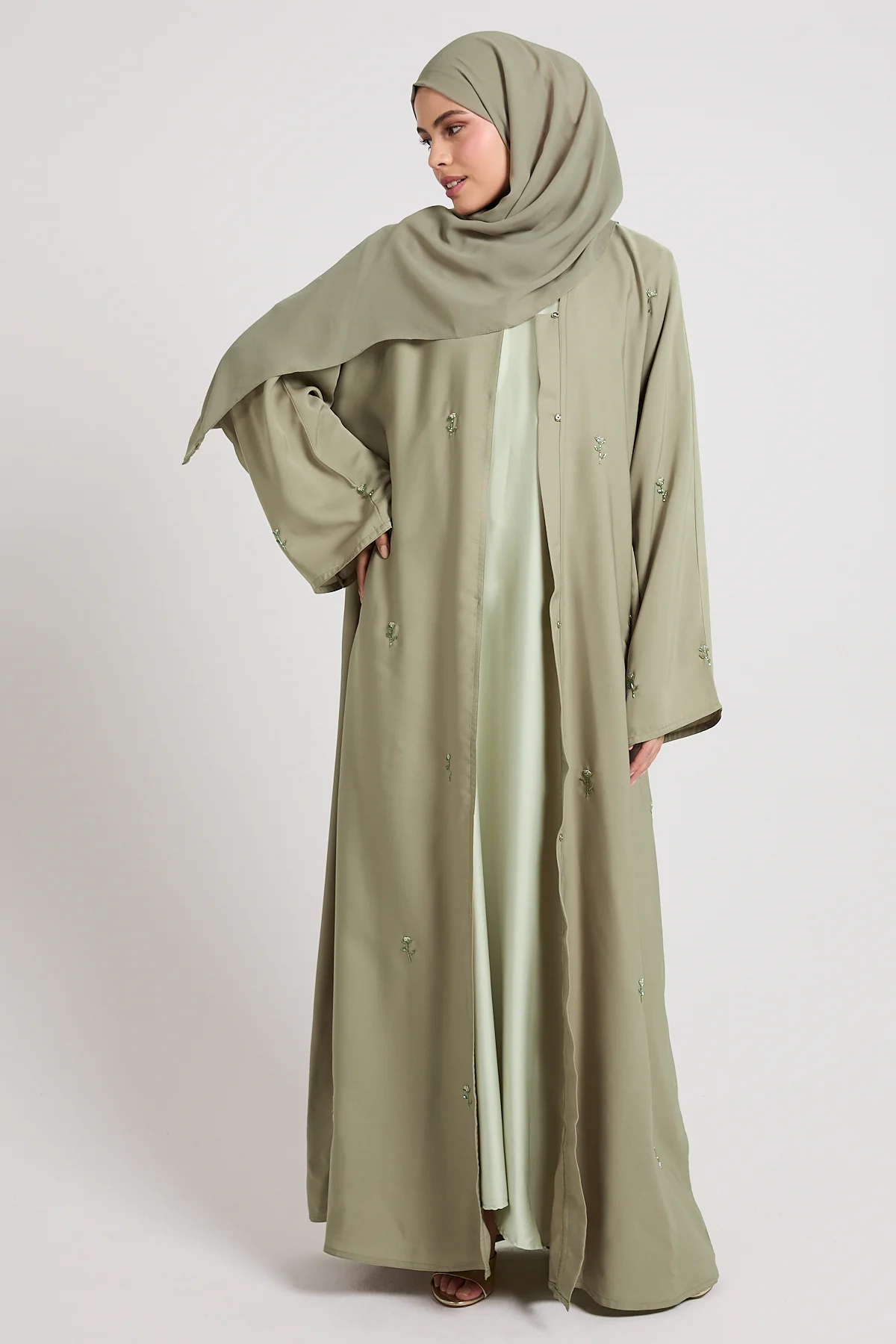 Midnight Bloom Embellished Open Abaya - Pistachio - Image 3