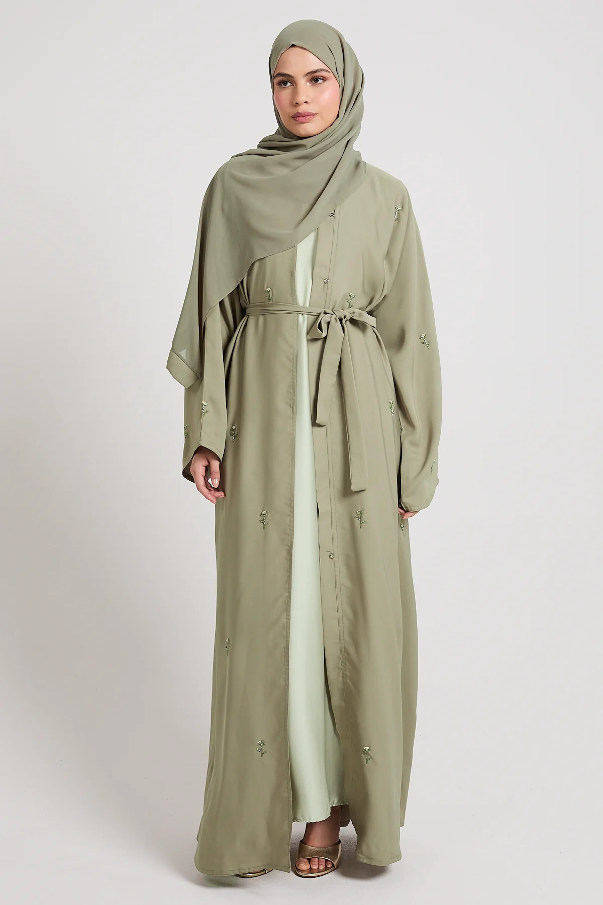 Midnight Bloom Embellished Open Abaya - Pistachio - Image 4