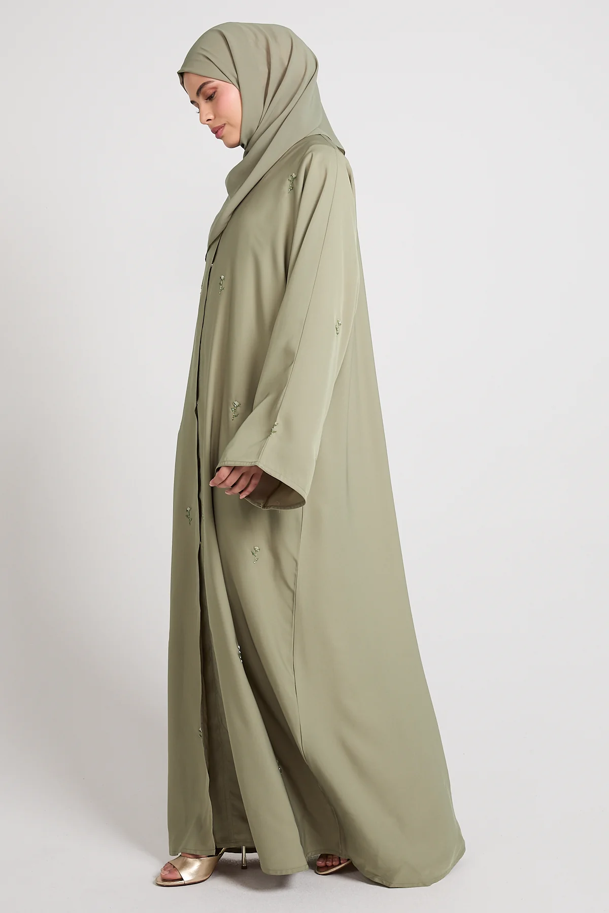 Midnight Bloom Embellished Open Abaya - Pistachio - Image 6