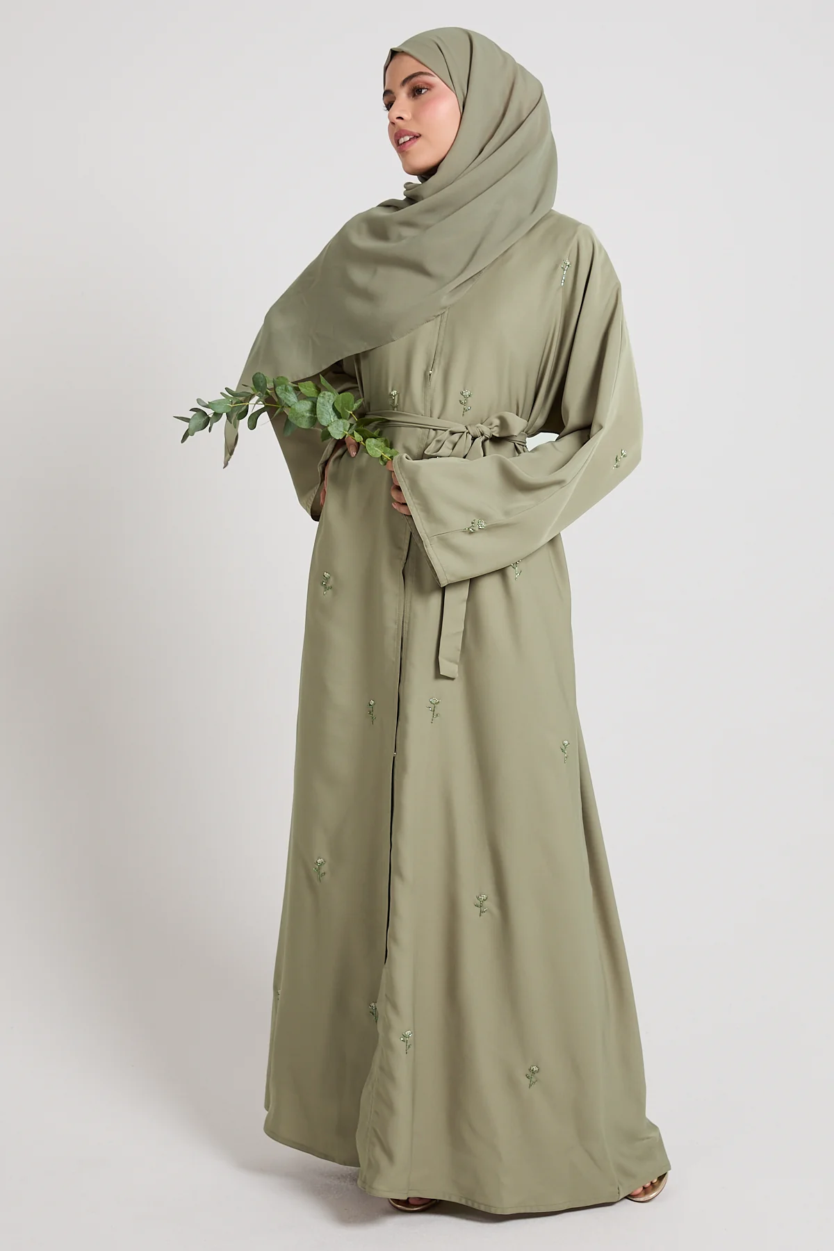Midnight Bloom Embellished Open Abaya - Pistachio - Image 7