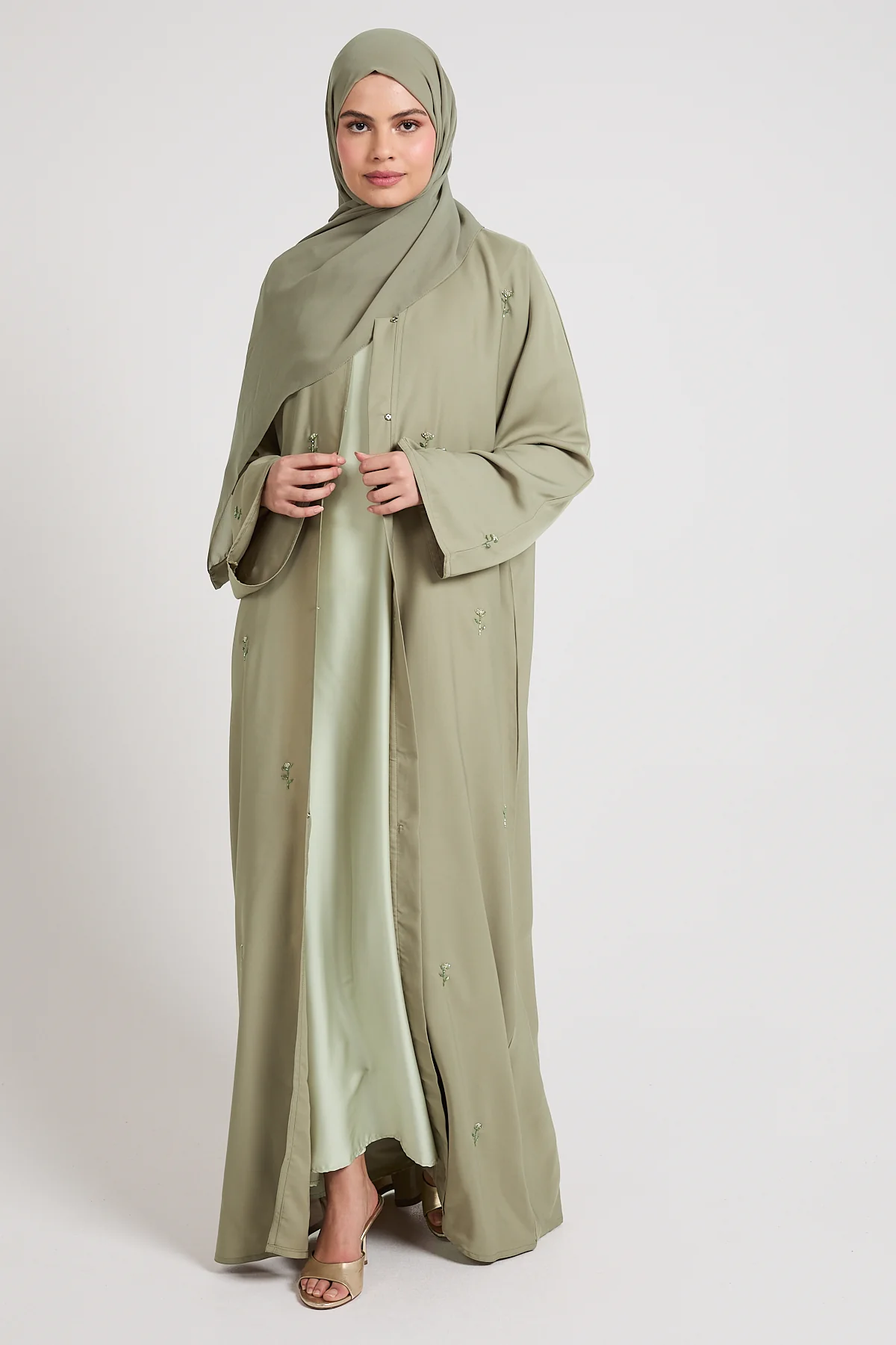 Midnight Bloom Embellished Open Abaya - Pistachio - Image 8