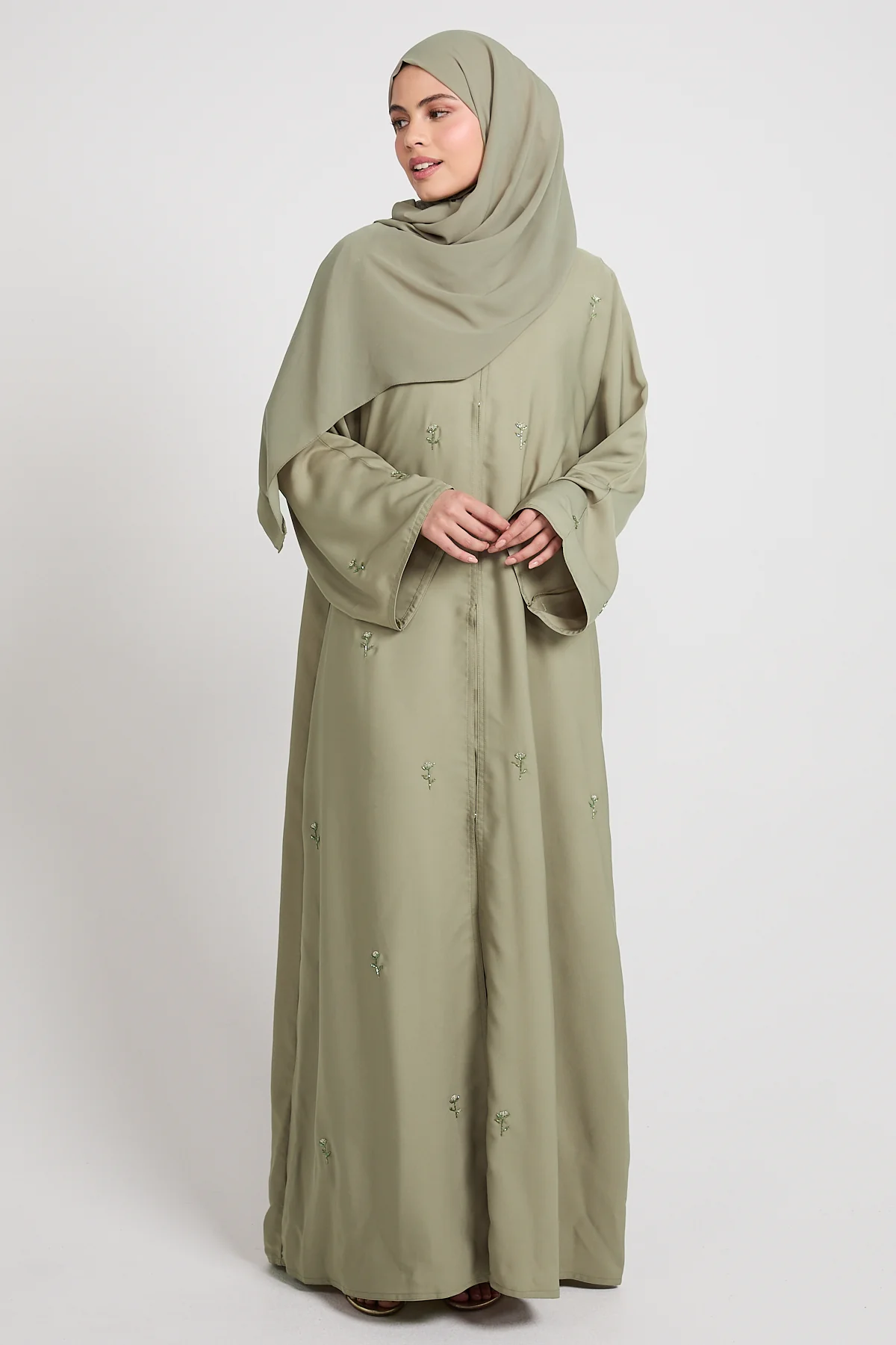 Midnight Bloom Embellished Open Abaya - Pistachio - Image 9