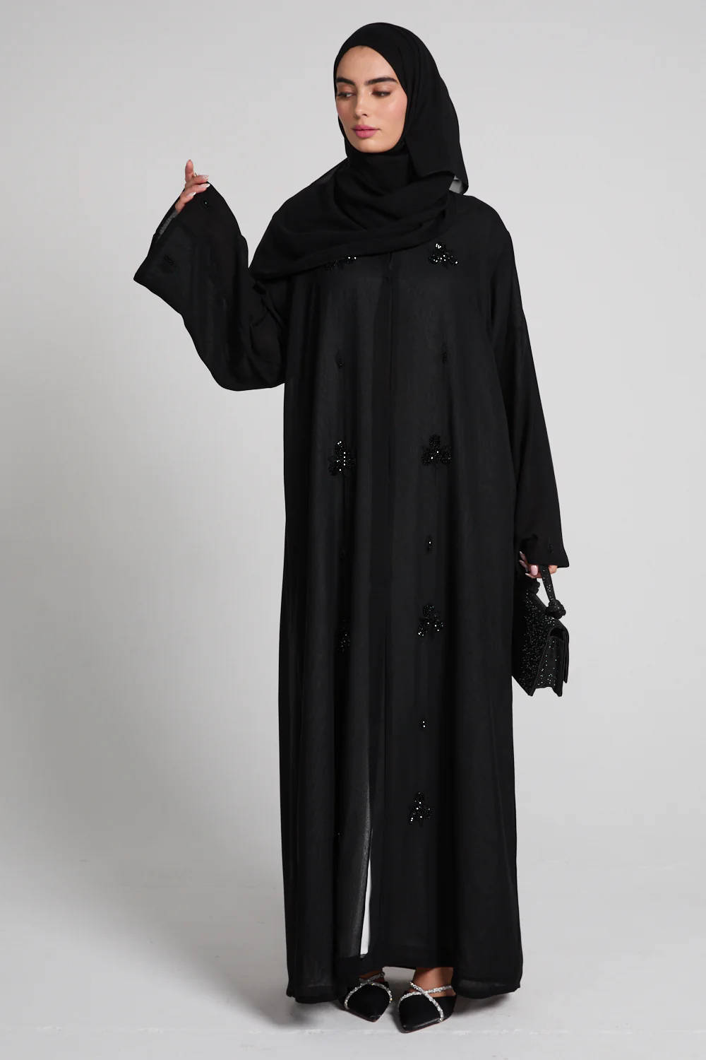 Midnight Noir Embellished Chiffon Open Abaya