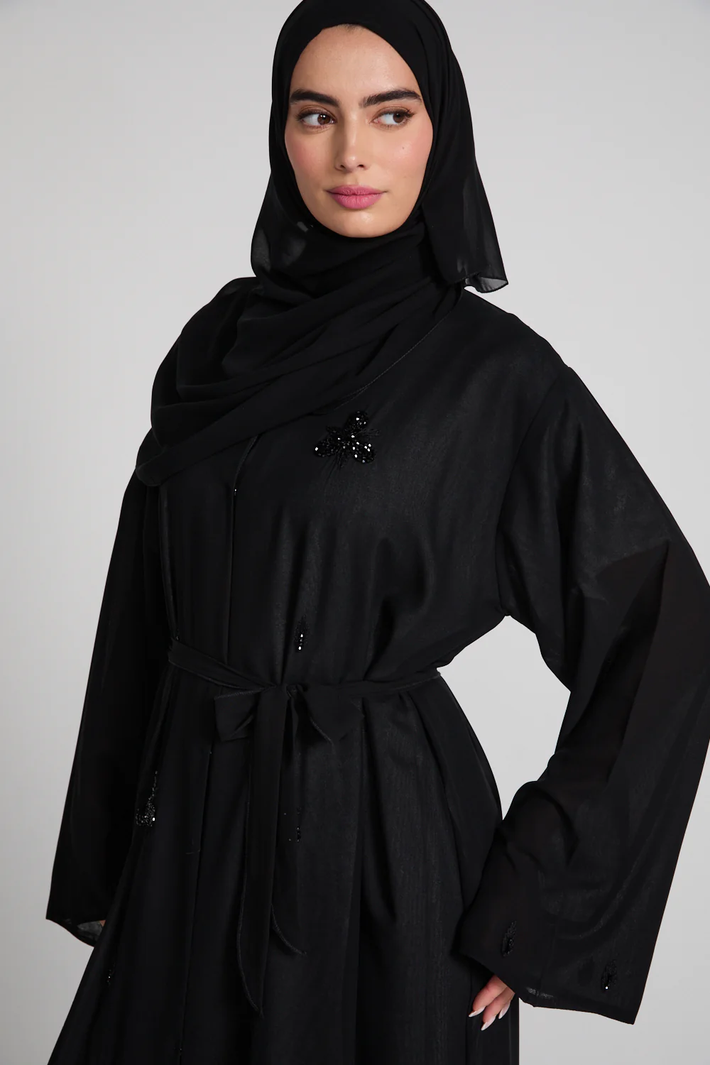Midnight Noir Embellished Chiffon Open Abaya - Image 2