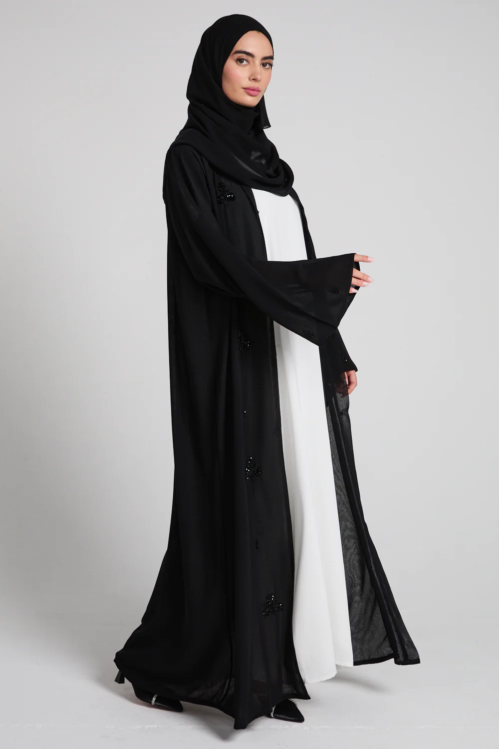 Midnight Noir Embellished Chiffon Open Abaya - Image 3