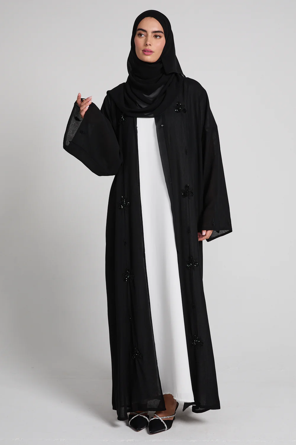 Midnight Noir Embellished Chiffon Open Abaya - Image 4