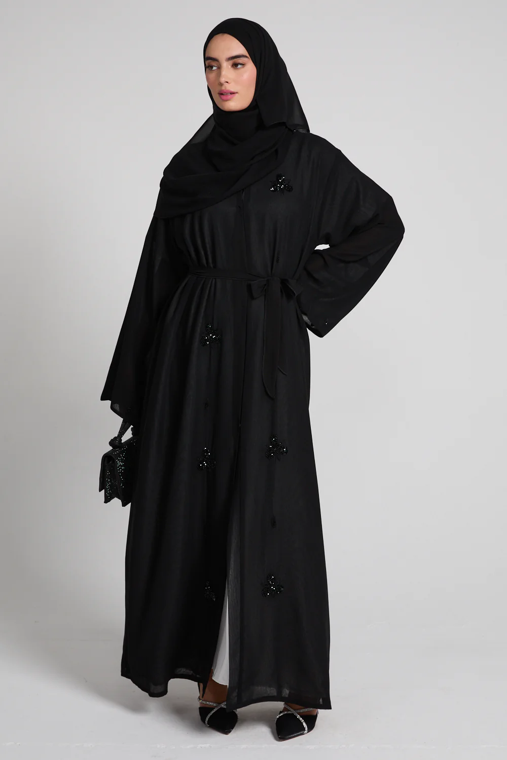 Midnight Noir Embellished Chiffon Open Abaya - Image 5
