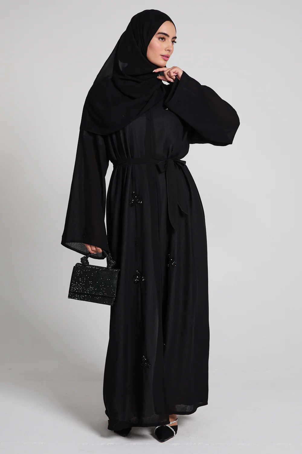 Midnight Noir Embellished Chiffon Open Abaya - Image 6