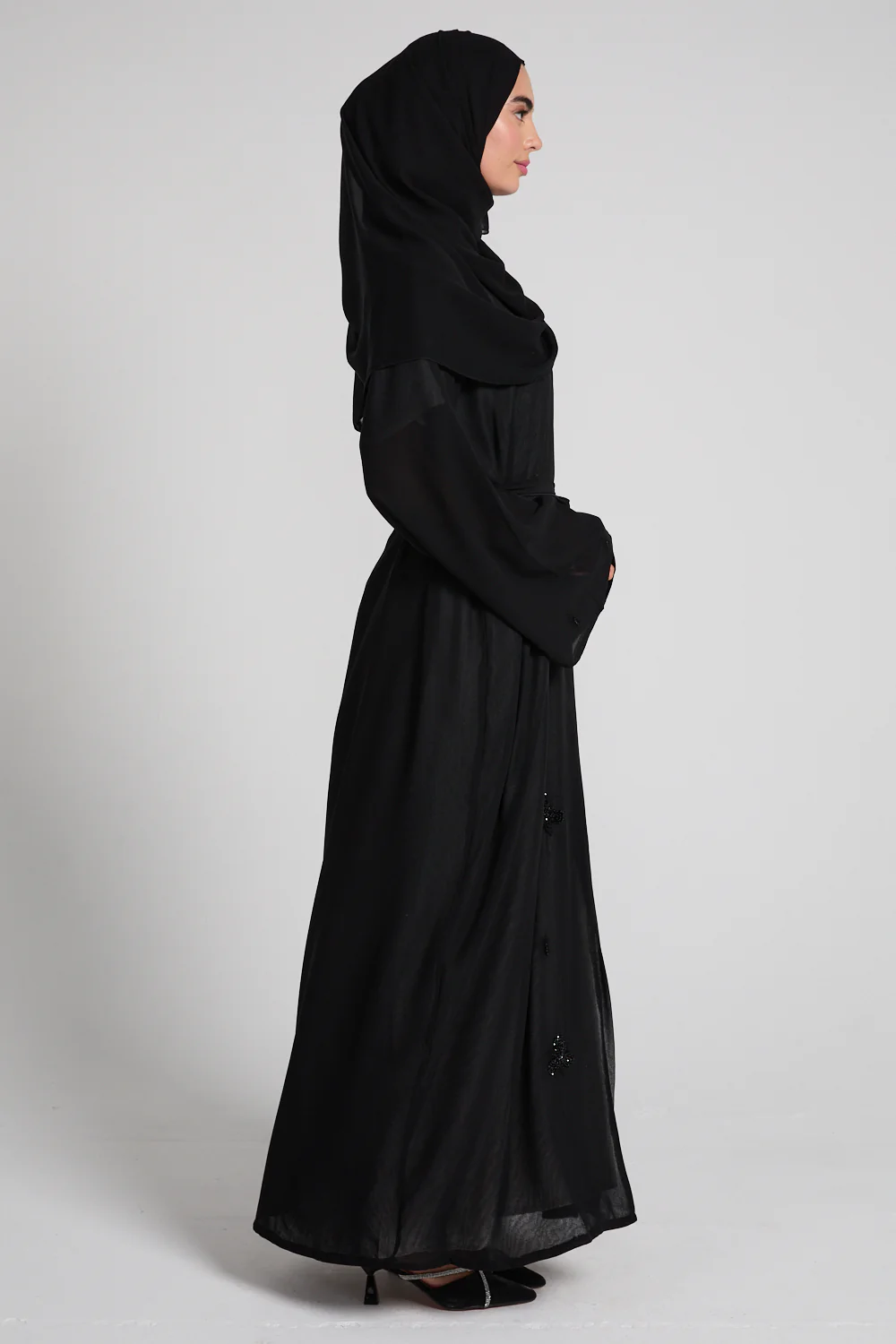 Midnight Noir Embellished Chiffon Open Abaya - Image 7