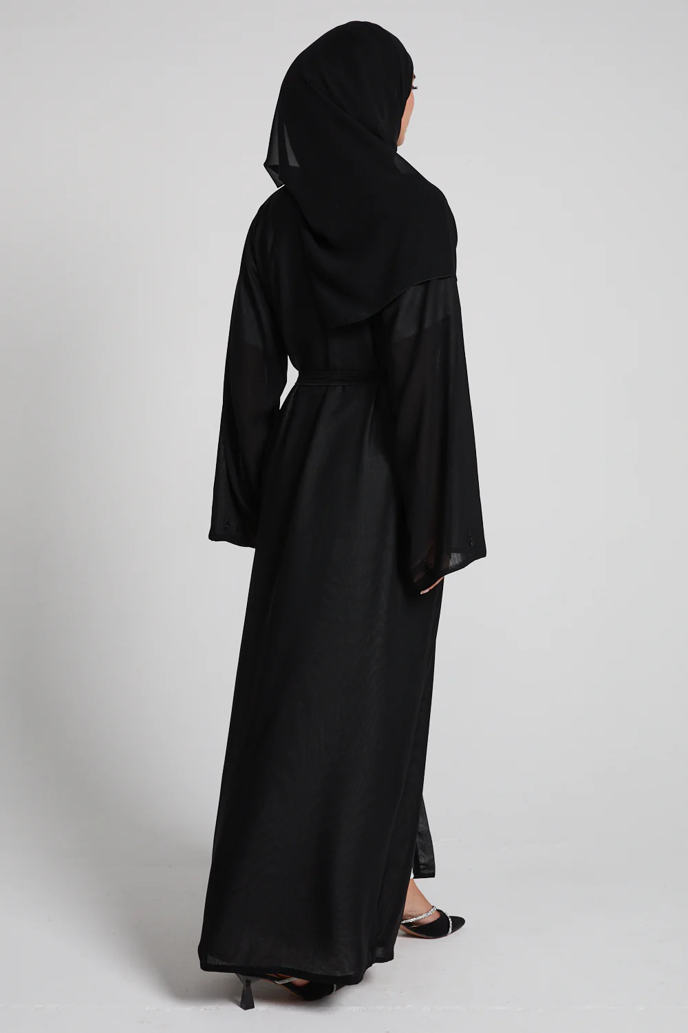 Midnight Noir Embellished Chiffon Open Abaya - Image 8