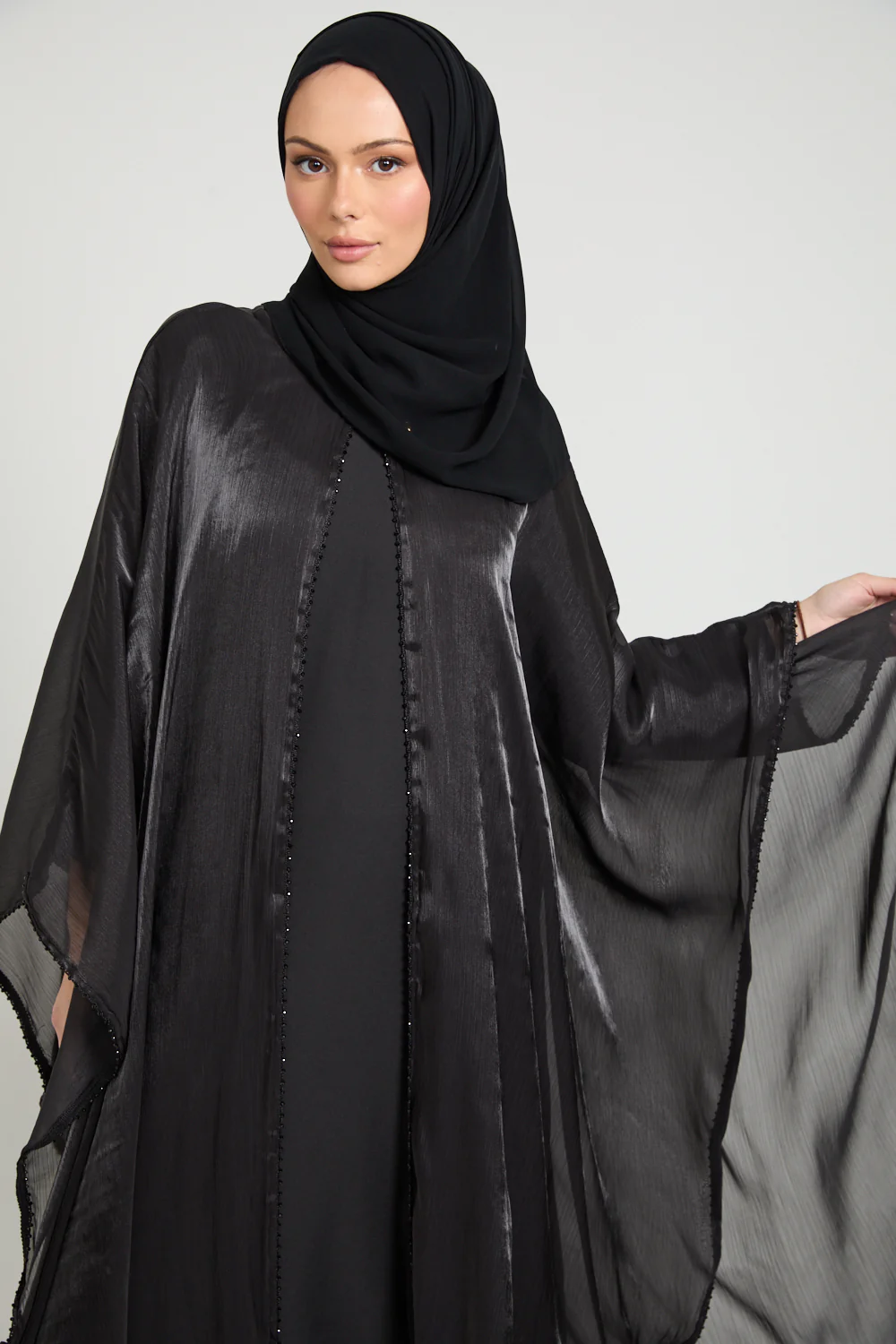 Moonlit Organza Overlay Closed Abaya – Black - Image 2