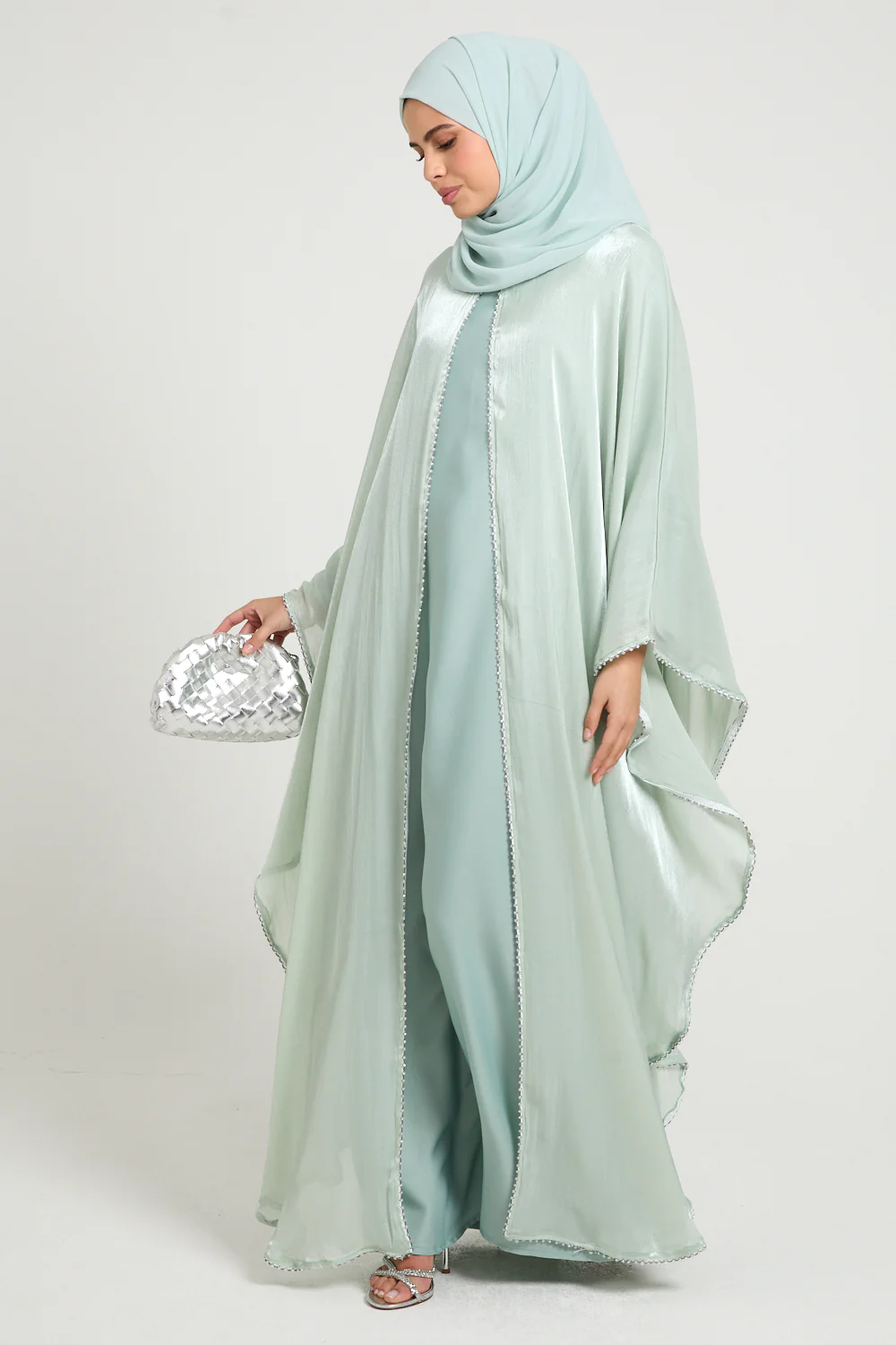 Moonlit Organza Overlay Closed Abaya – Mint - Image 3