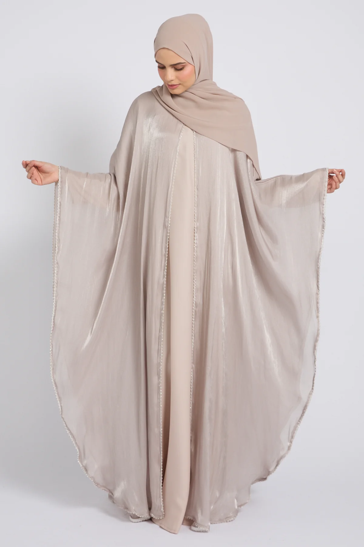 Moonlit Organza Overlay Closed Abaya – Nude Champagne - Image 3