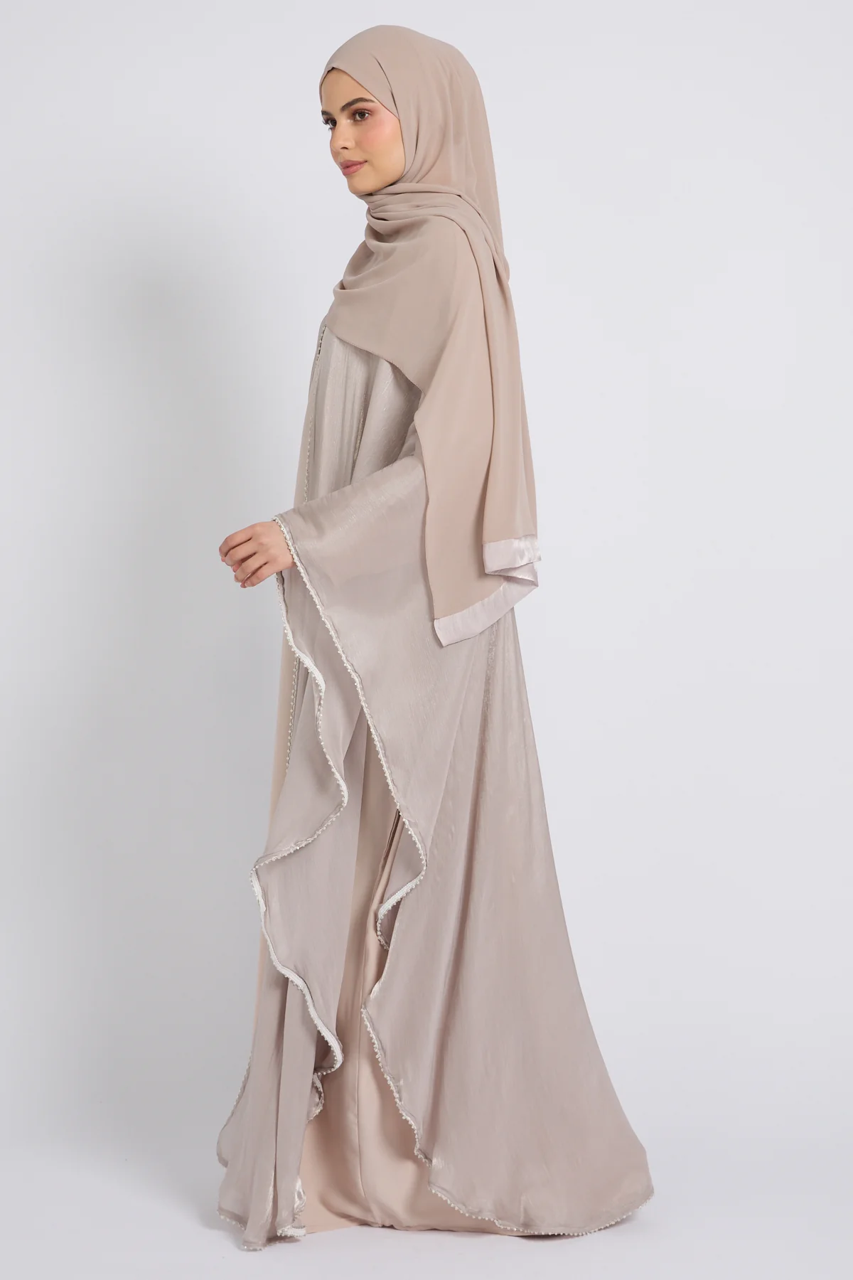 Moonlit Organza Overlay Closed Abaya – Nude Champagne - Image 4