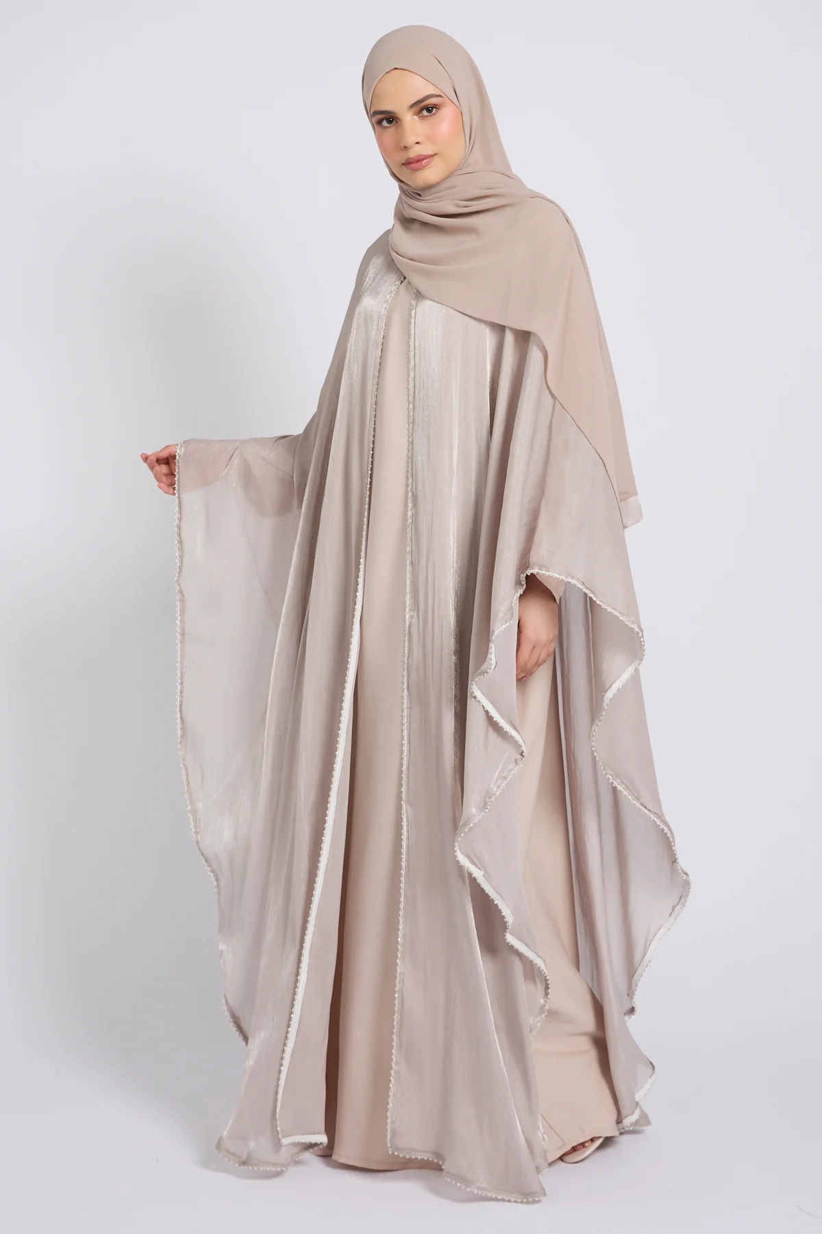 Moonlit Organza Overlay Closed Abaya – Nude Champagne - Image 5