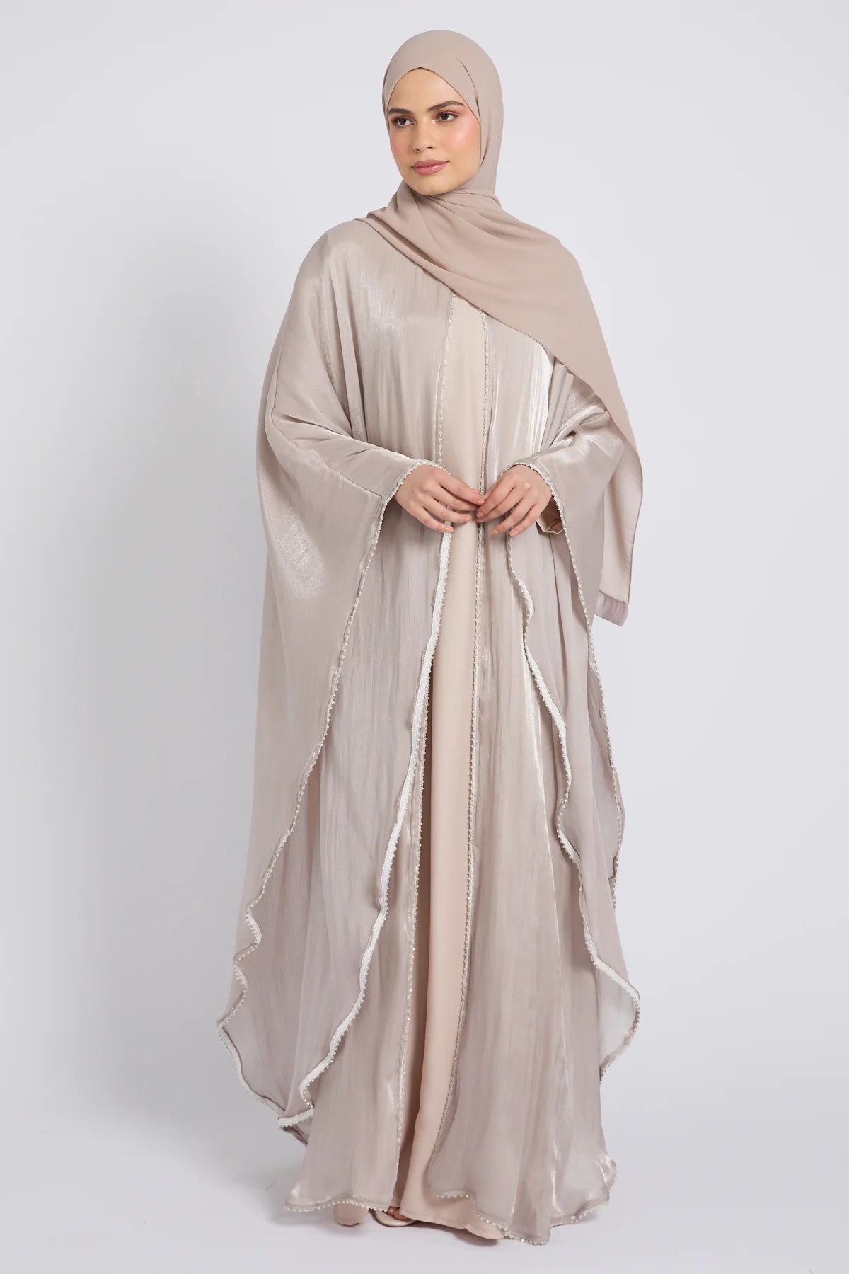 Moonlit Organza Overlay Closed Abaya – Nude Champagne - Image 7
