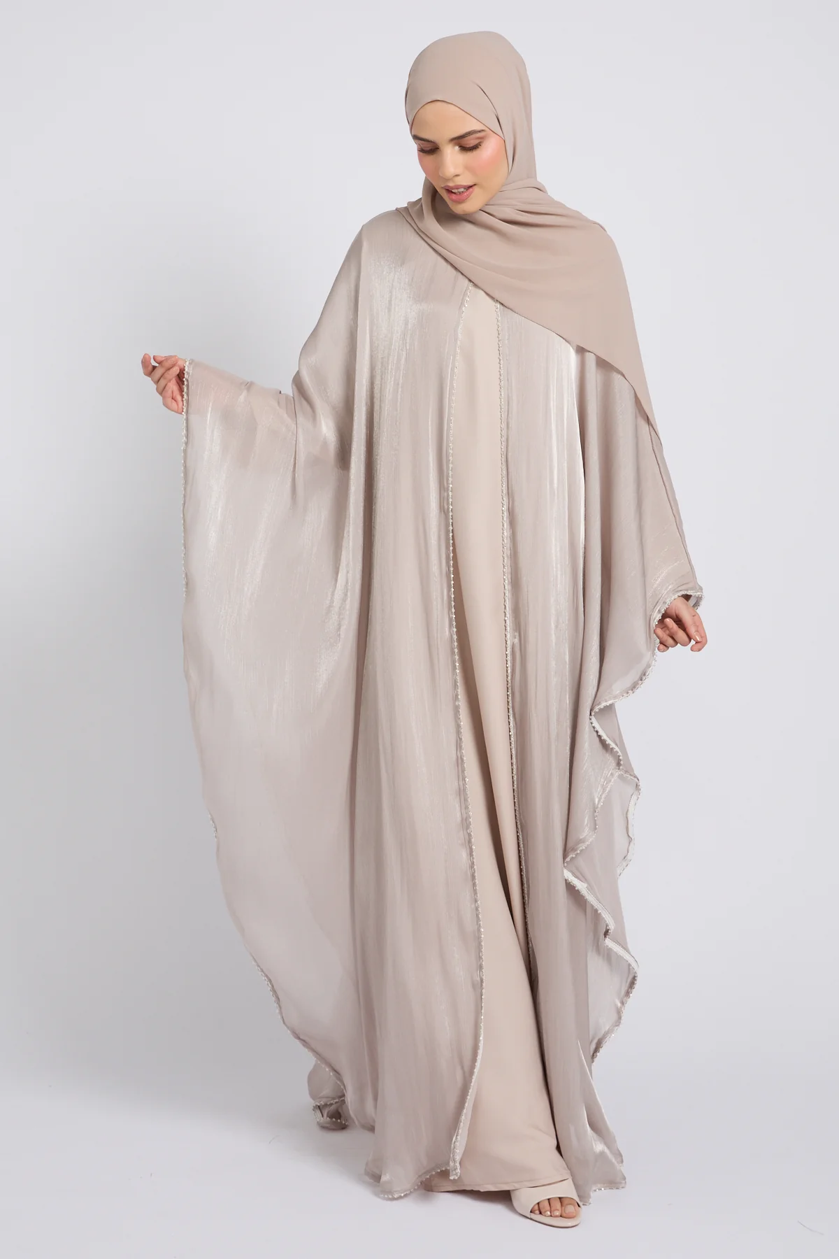 Moonlit Organza Overlay Closed Abaya – Nude Champagne - Image 8