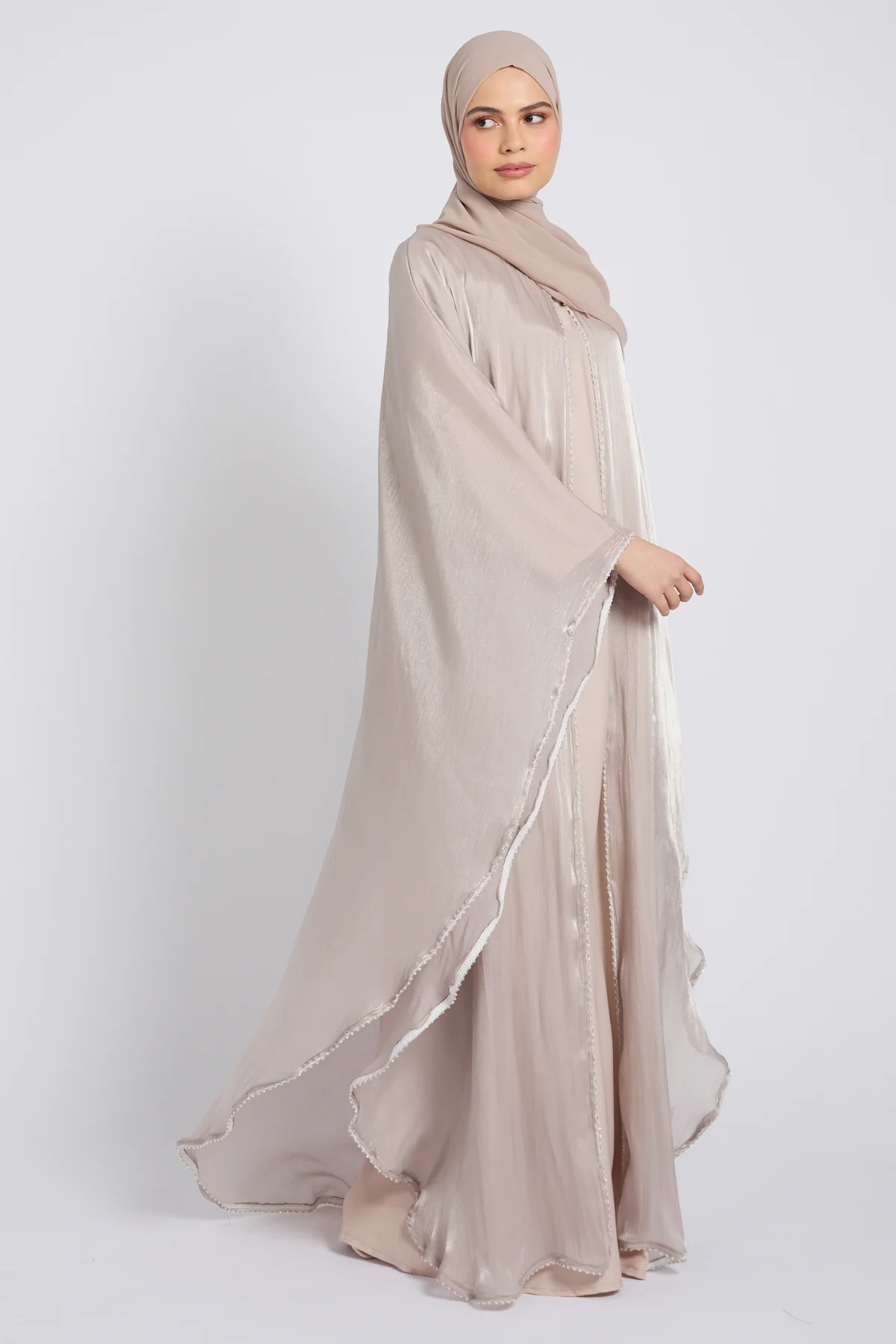 Moonlit Organza Overlay Closed Abaya – Nude Champagne - Image 9