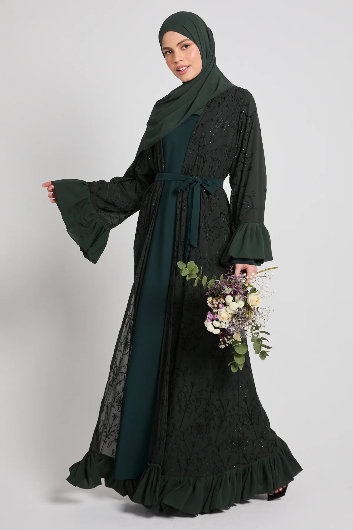 Noir Bloom Luxe Four Piece Abaya Set – Emerald Moss - LIMITED EDITION