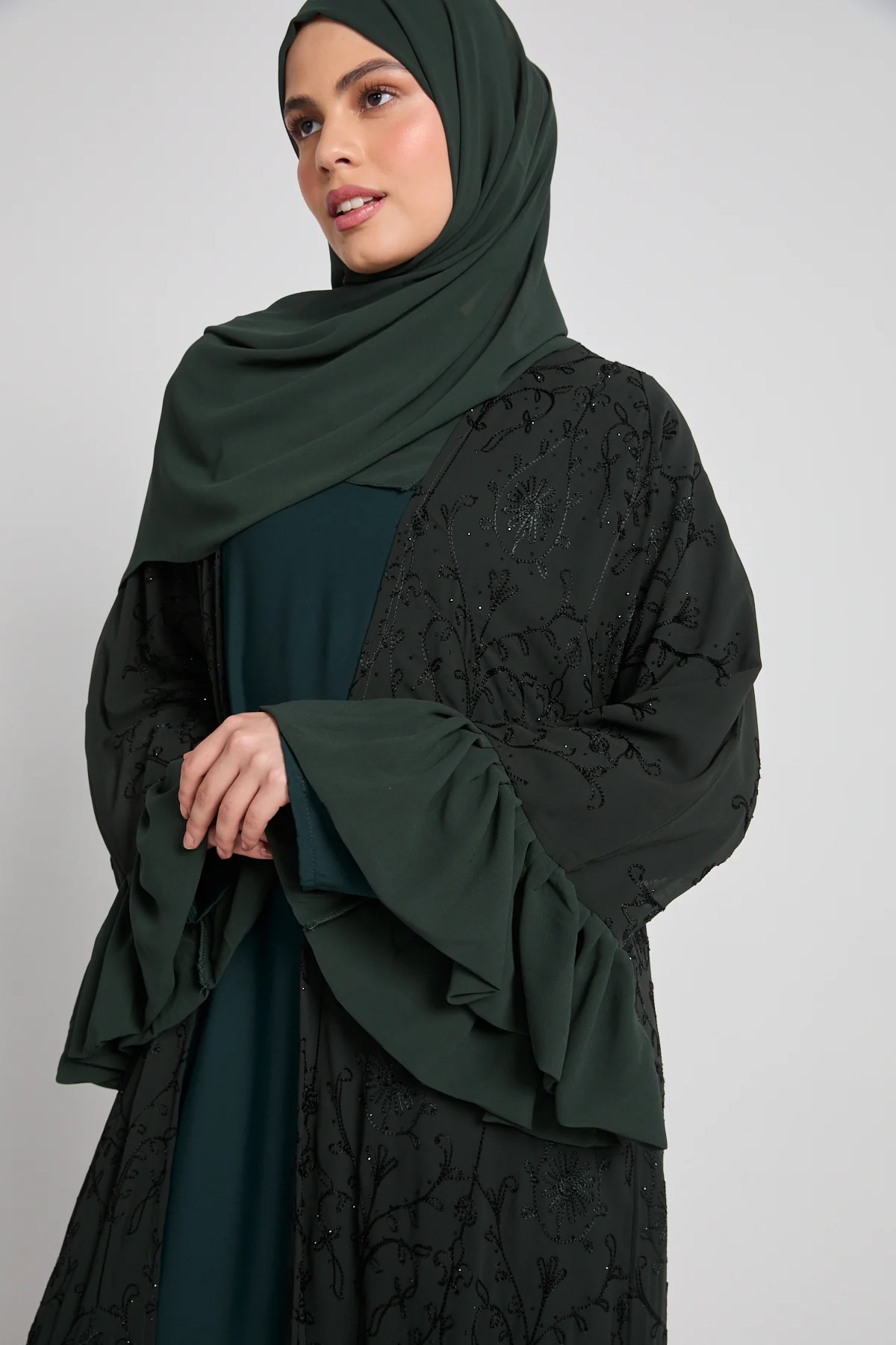 Noir Bloom Luxe Four Piece Abaya Set – Emerald Moss - LIMITED EDITION - Image 2
