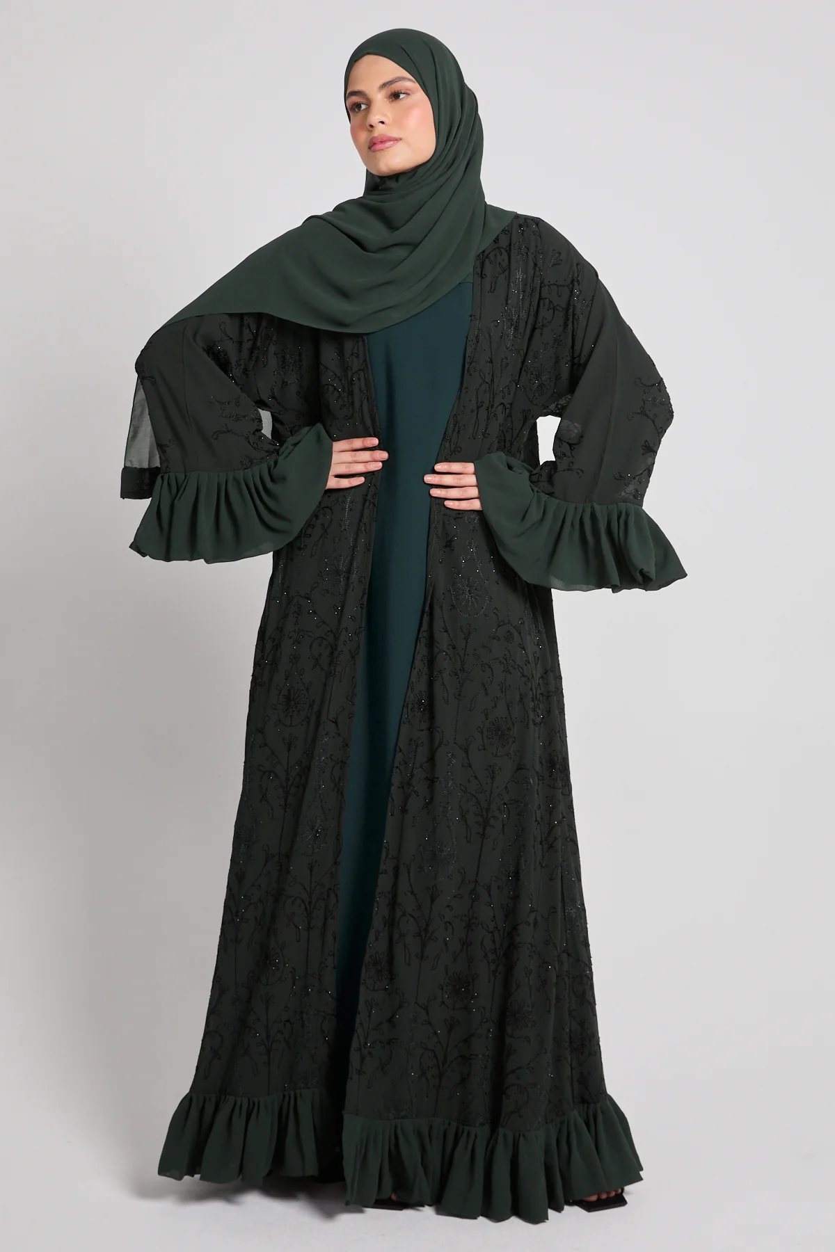 Noir Bloom Luxe Four Piece Abaya Set – Emerald Moss - LIMITED EDITION - Image 3