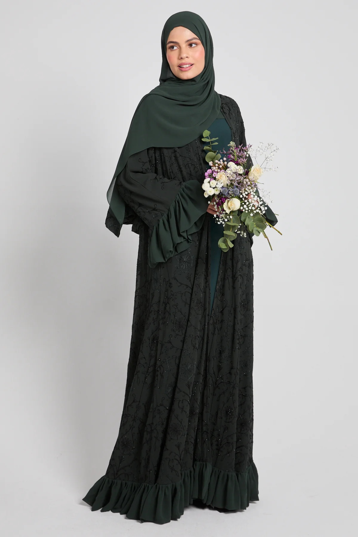 Noir Bloom Luxe Four Piece Abaya Set – Emerald Moss - LIMITED EDITION - Image 6