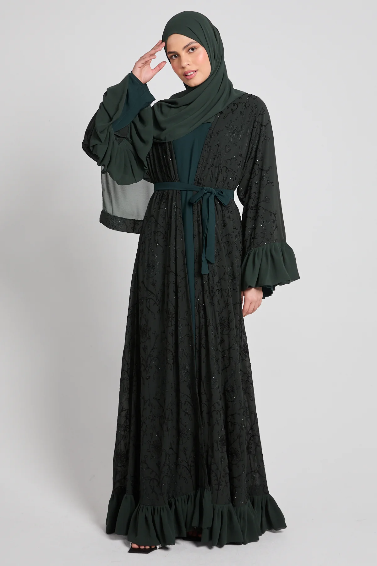 Noir Bloom Luxe Four Piece Abaya Set – Emerald Moss - LIMITED EDITION - Image 8