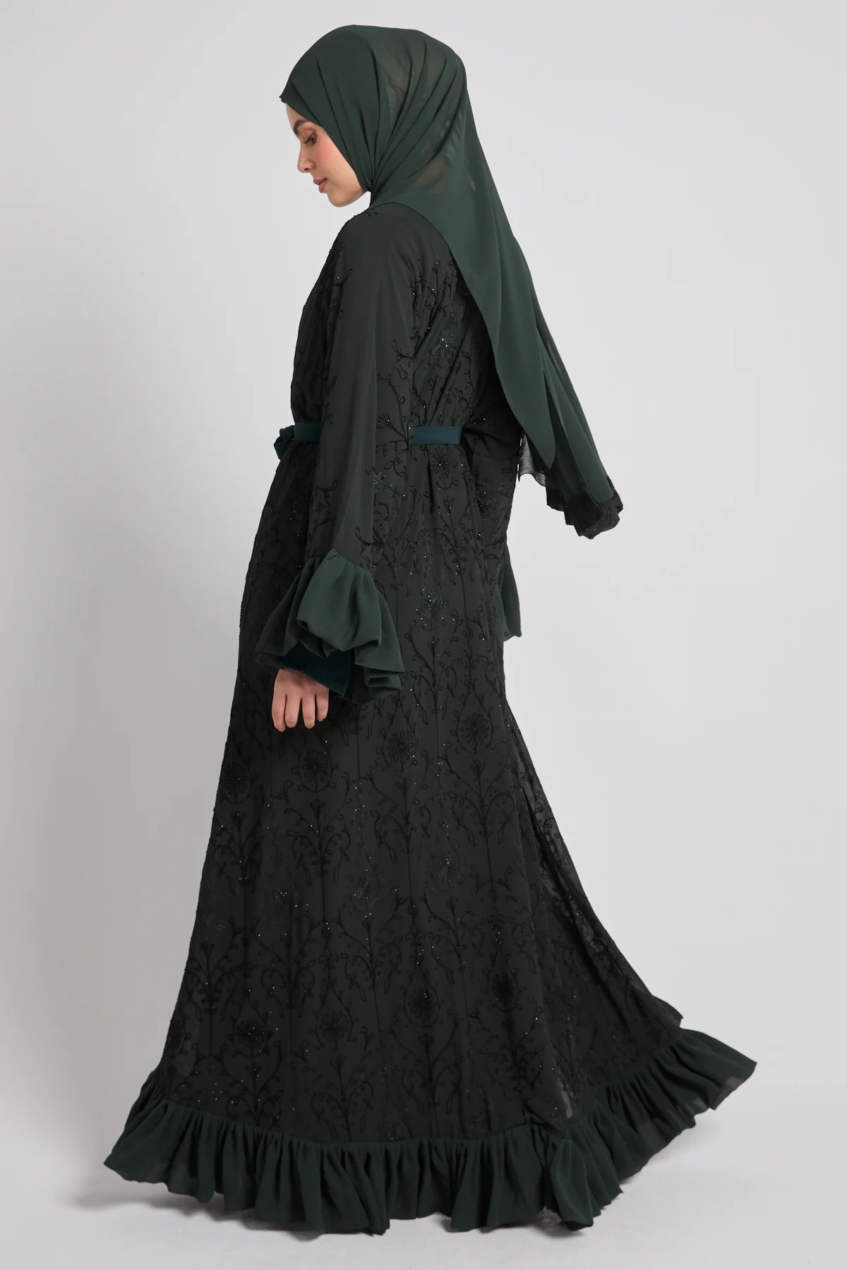 Noir Bloom Luxe Four Piece Abaya Set – Emerald Moss - LIMITED EDITION - Image 9