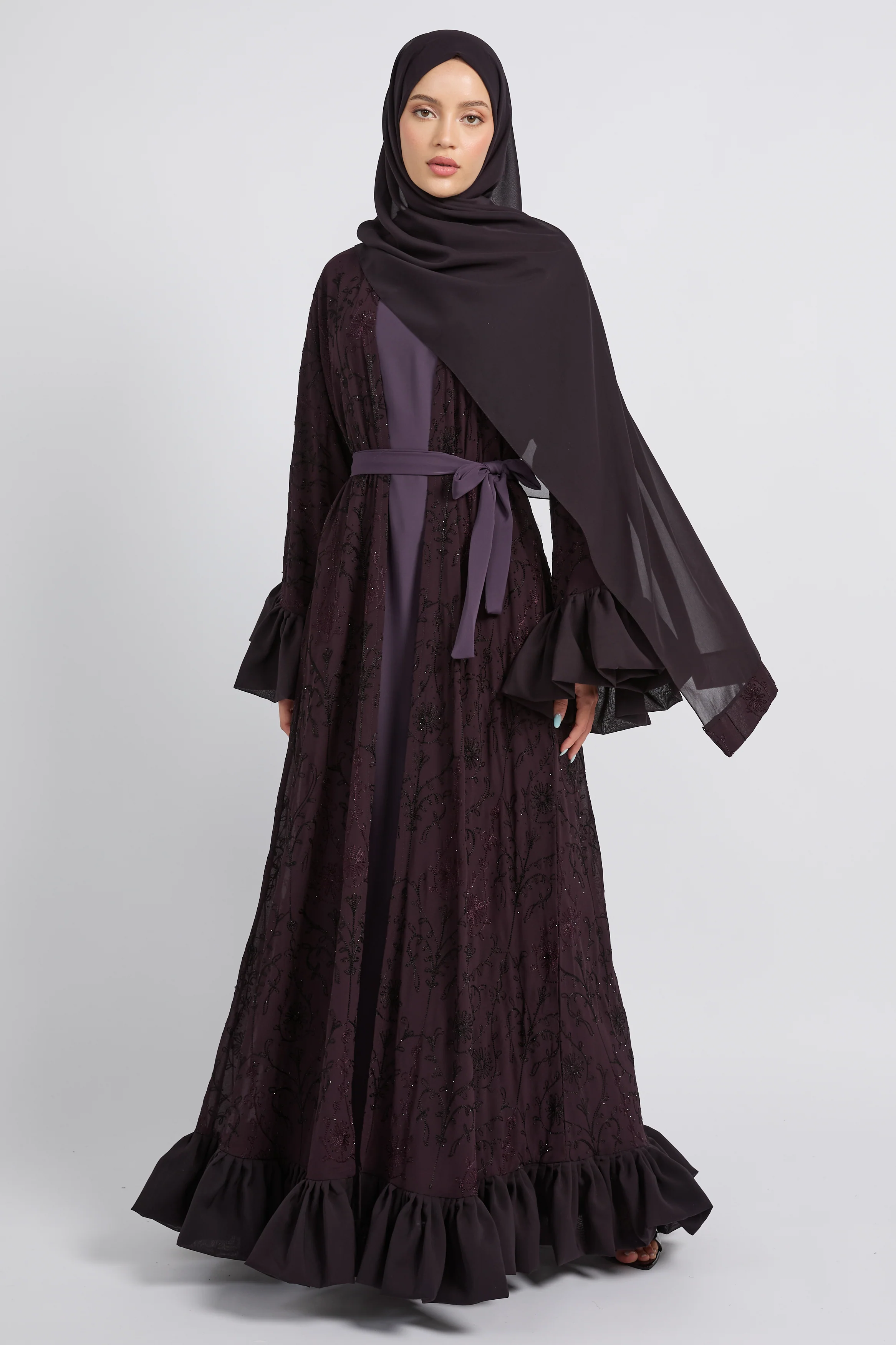 Noir Bloom Luxe Four Piece Abaya Set – Midnight Plum - LIMITED EDITION - Image 3