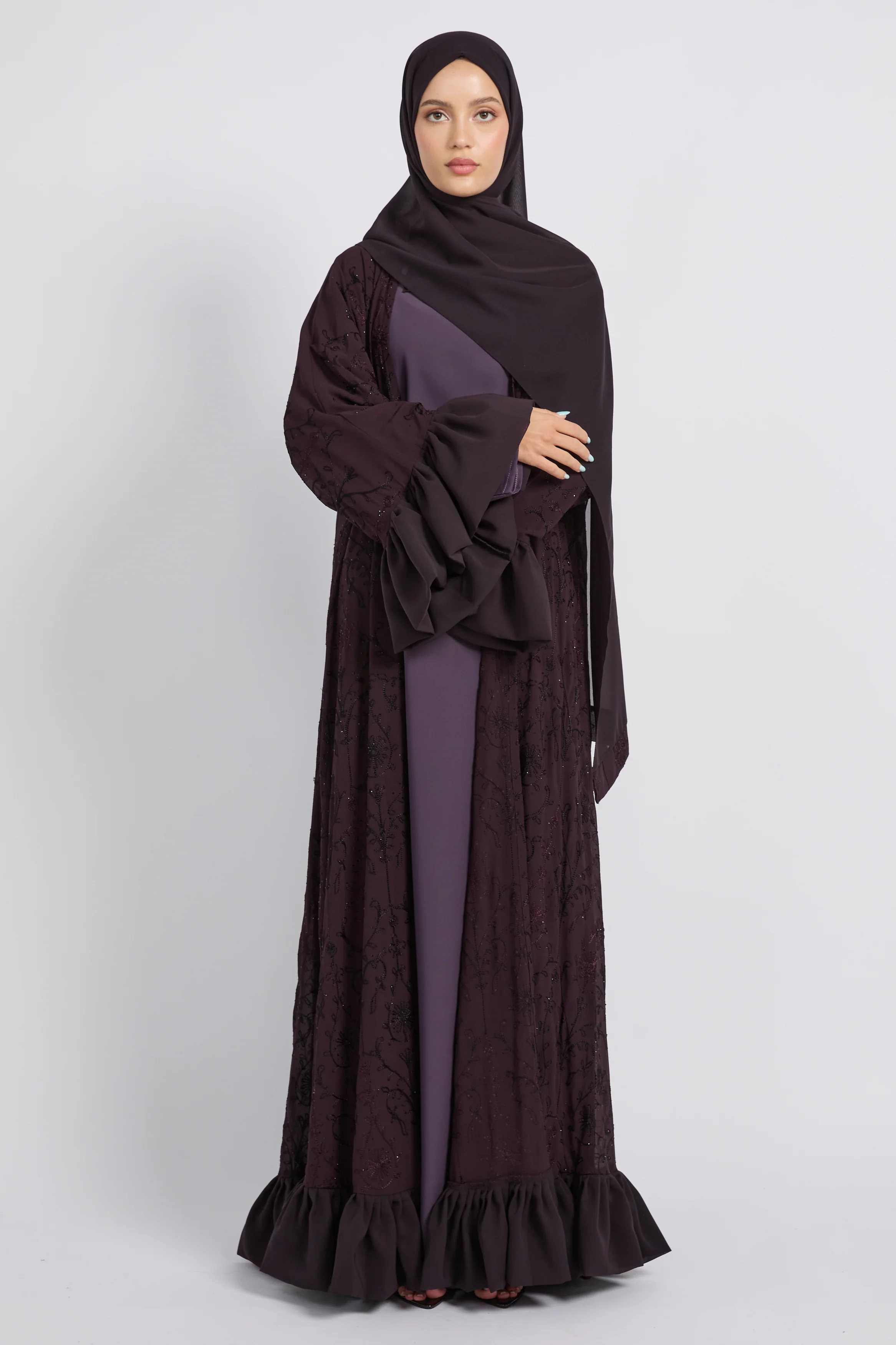 Noir Bloom Luxe Four Piece Abaya Set – Midnight Plum - LIMITED EDITION - Image 6
