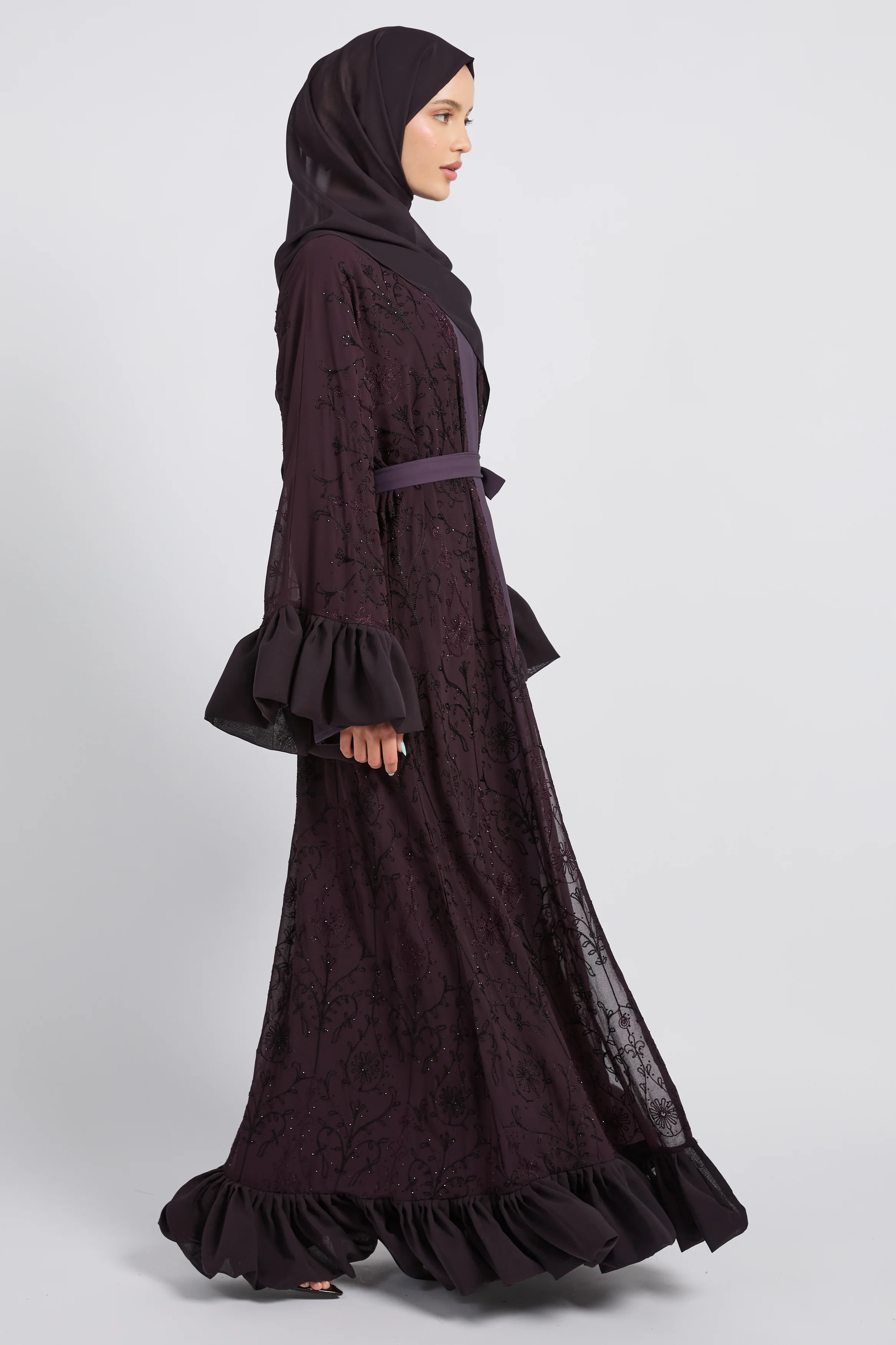 Noir Bloom Luxe Four Piece Abaya Set – Midnight Plum - LIMITED EDITION - Image 7