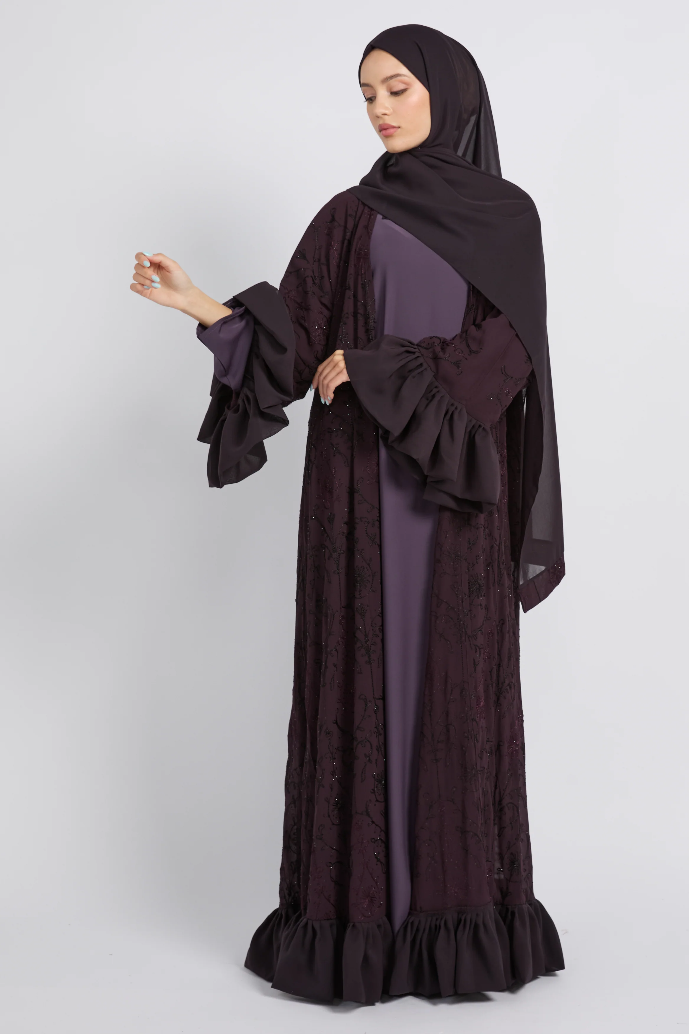 Noir Bloom Luxe Four Piece Abaya Set – Midnight Plum - LIMITED EDITION - Image 8