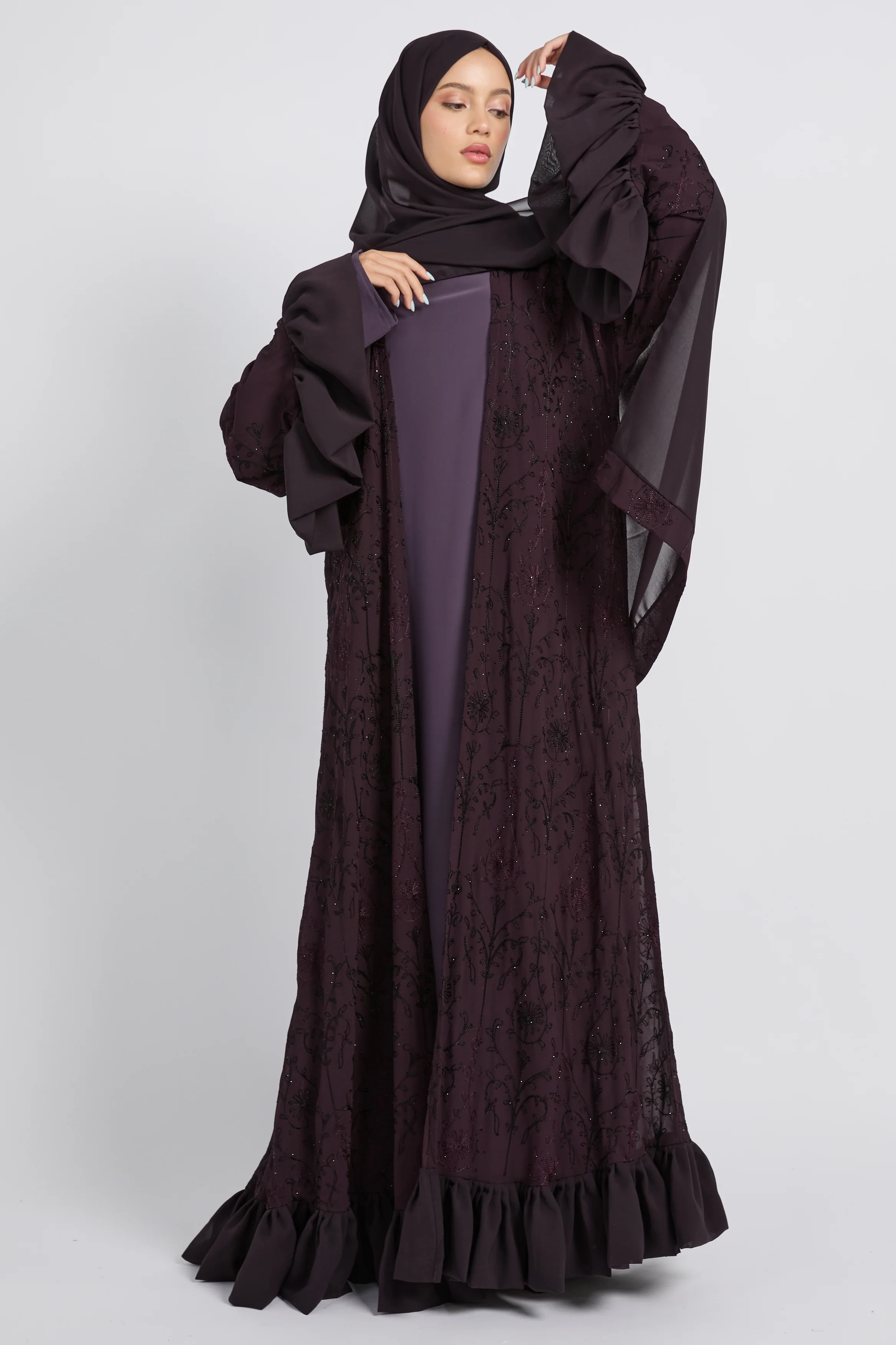 Noir Bloom Luxe Four Piece Abaya Set – Midnight Plum - LIMITED EDITION - Image 9