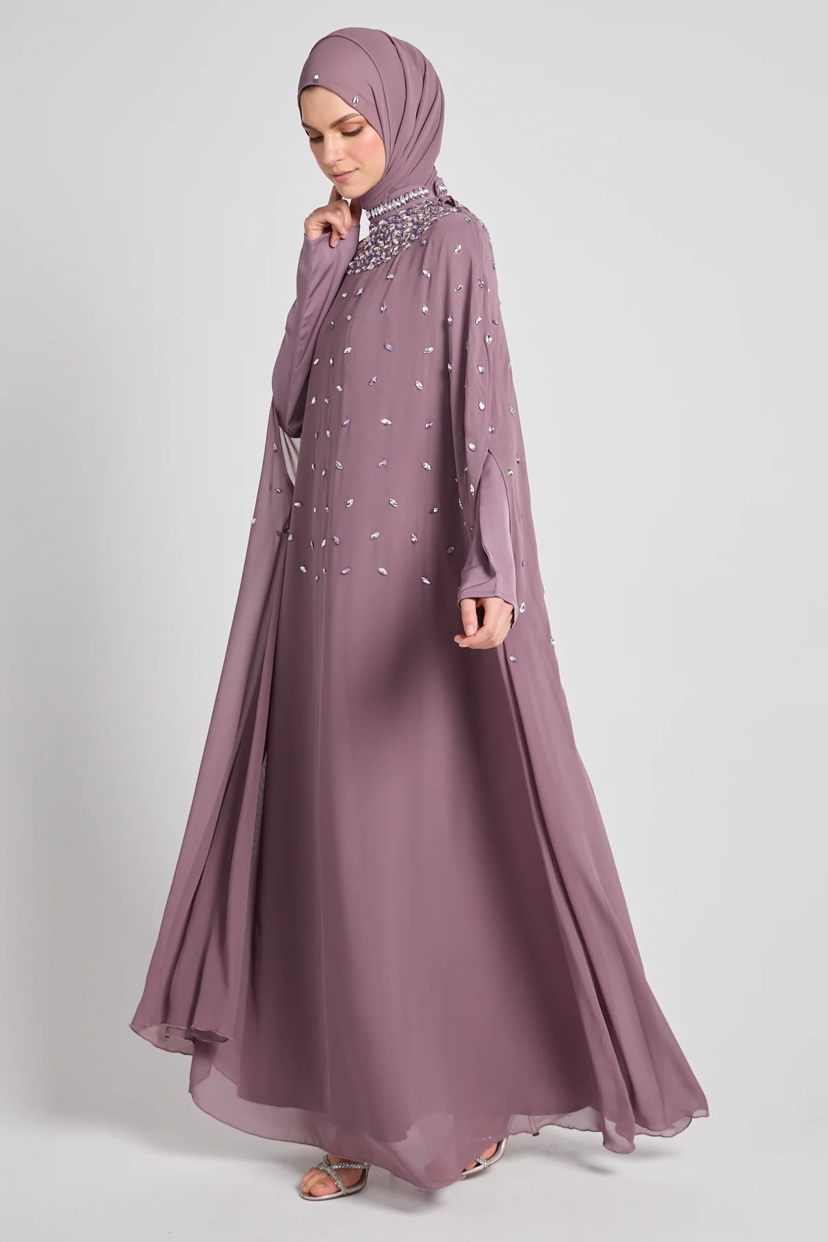Noor Royale Three Piece Embellished Luxe Closed Abaya - Dusty Mauve