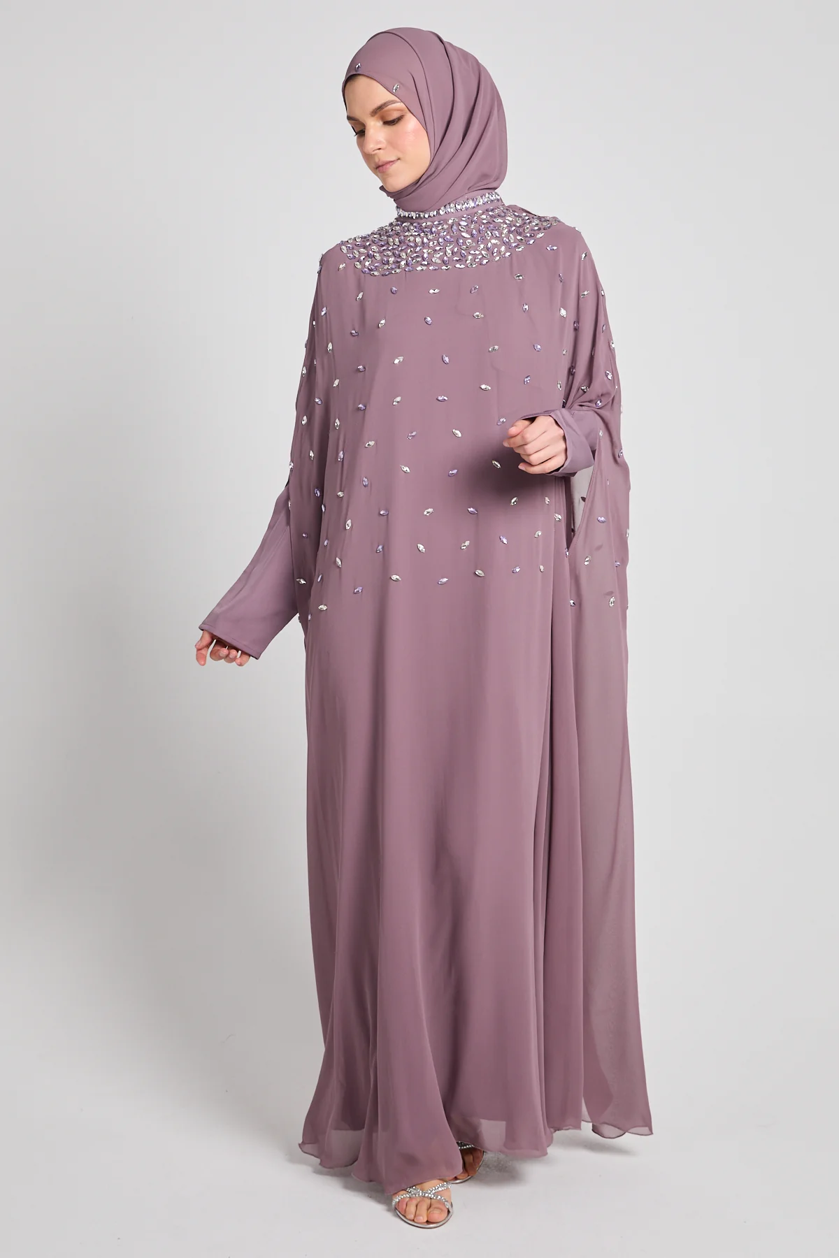 Noor Royale Three Piece Embellished Luxe Closed Abaya - Dusty Mauve - Image 3