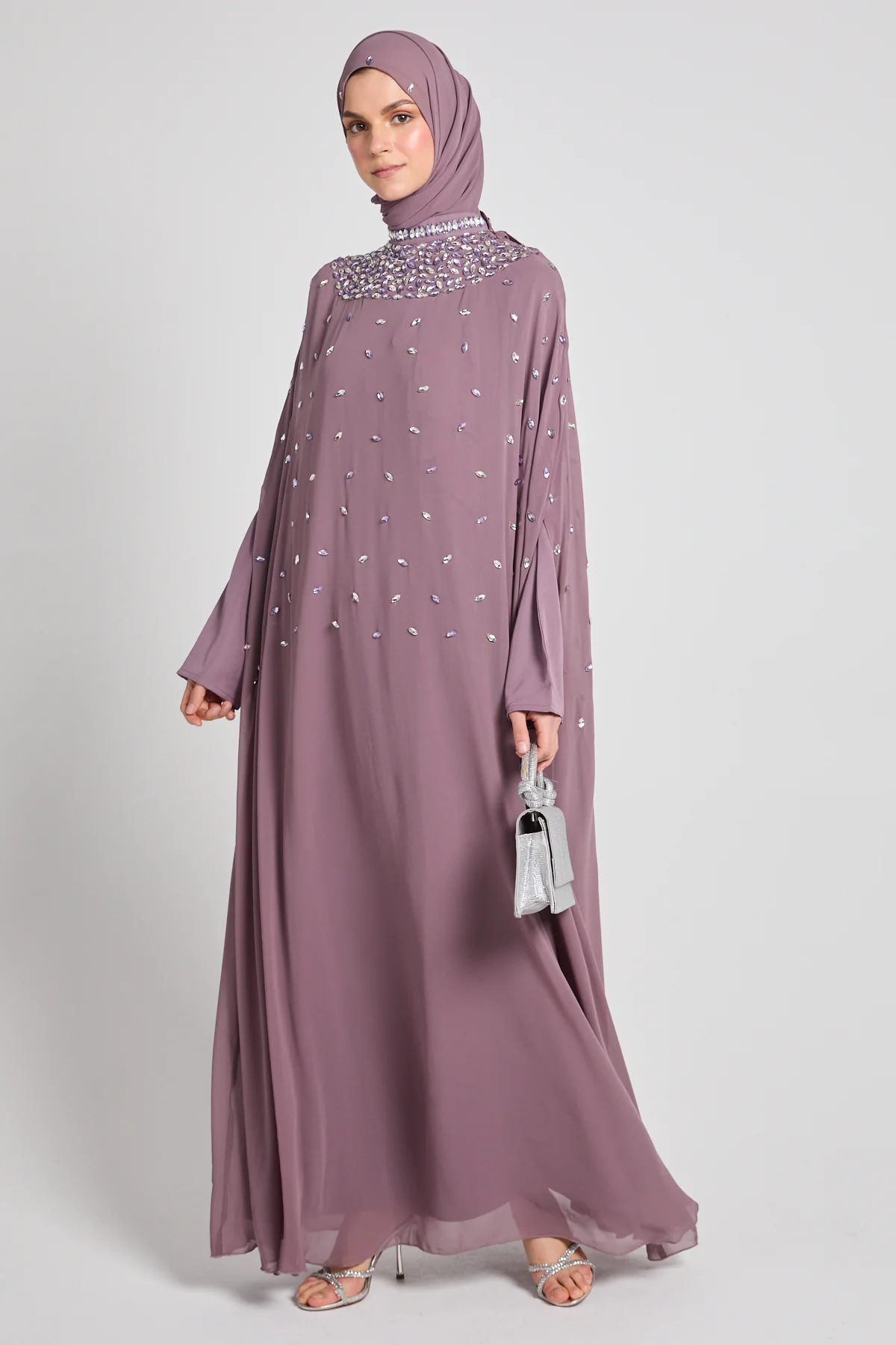 Noor Royale Three Piece Embellished Luxe Closed Abaya - Dusty Mauve - Image 8
