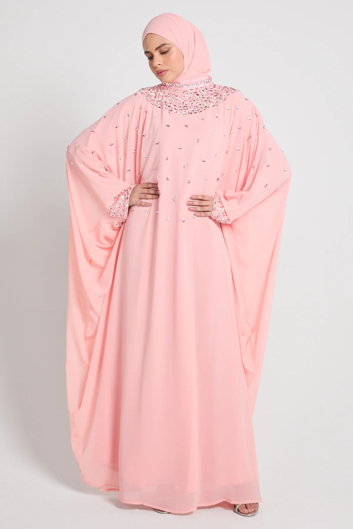 Noor Royale Three Piece Embellished Luxe Closed Abaya - Blush Pink - Image 4