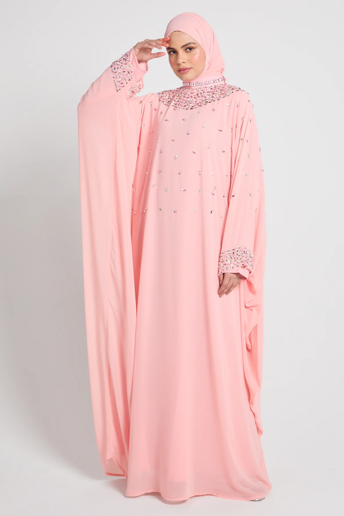 Noor Royale Three Piece Embellished Luxe Closed Abaya - Blush Pink - Image 6