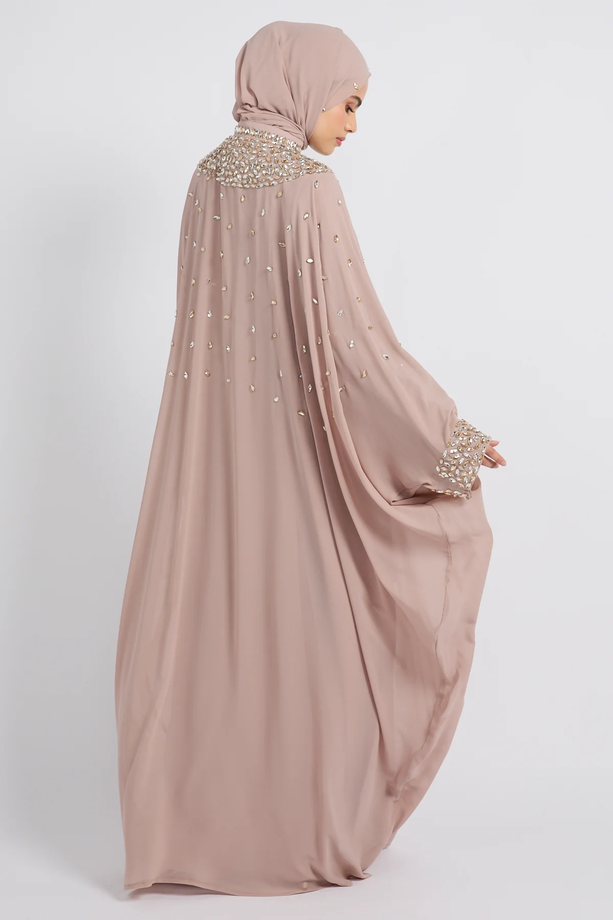 Noor Royale Three Piece Embellished Luxe Closed Abaya - Nude Beige - Image 10