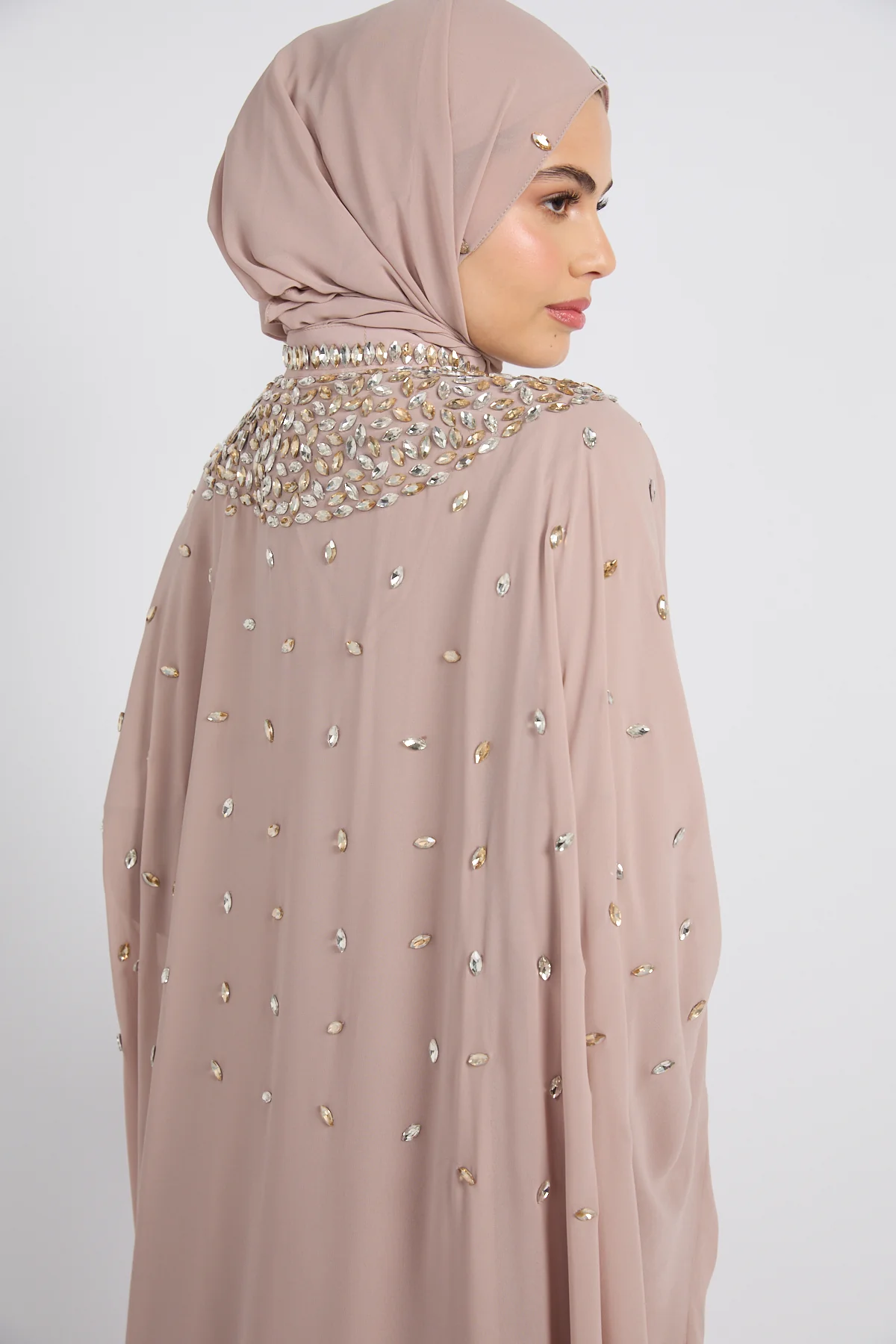 Noor Royale Three Piece Embellished Luxe Closed Abaya - Nude Beige - Image 2