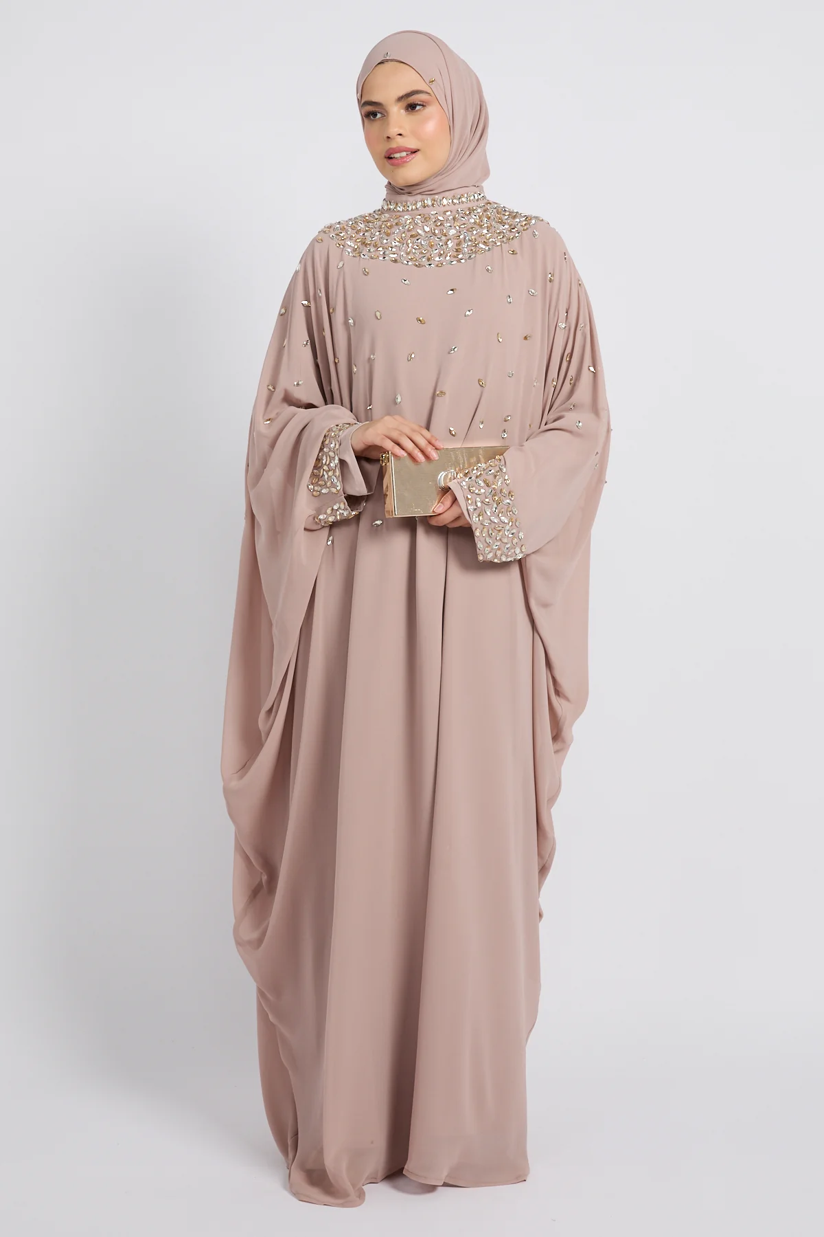 Noor Royale Three Piece Embellished Luxe Closed Abaya - Nude Beige - Image 3