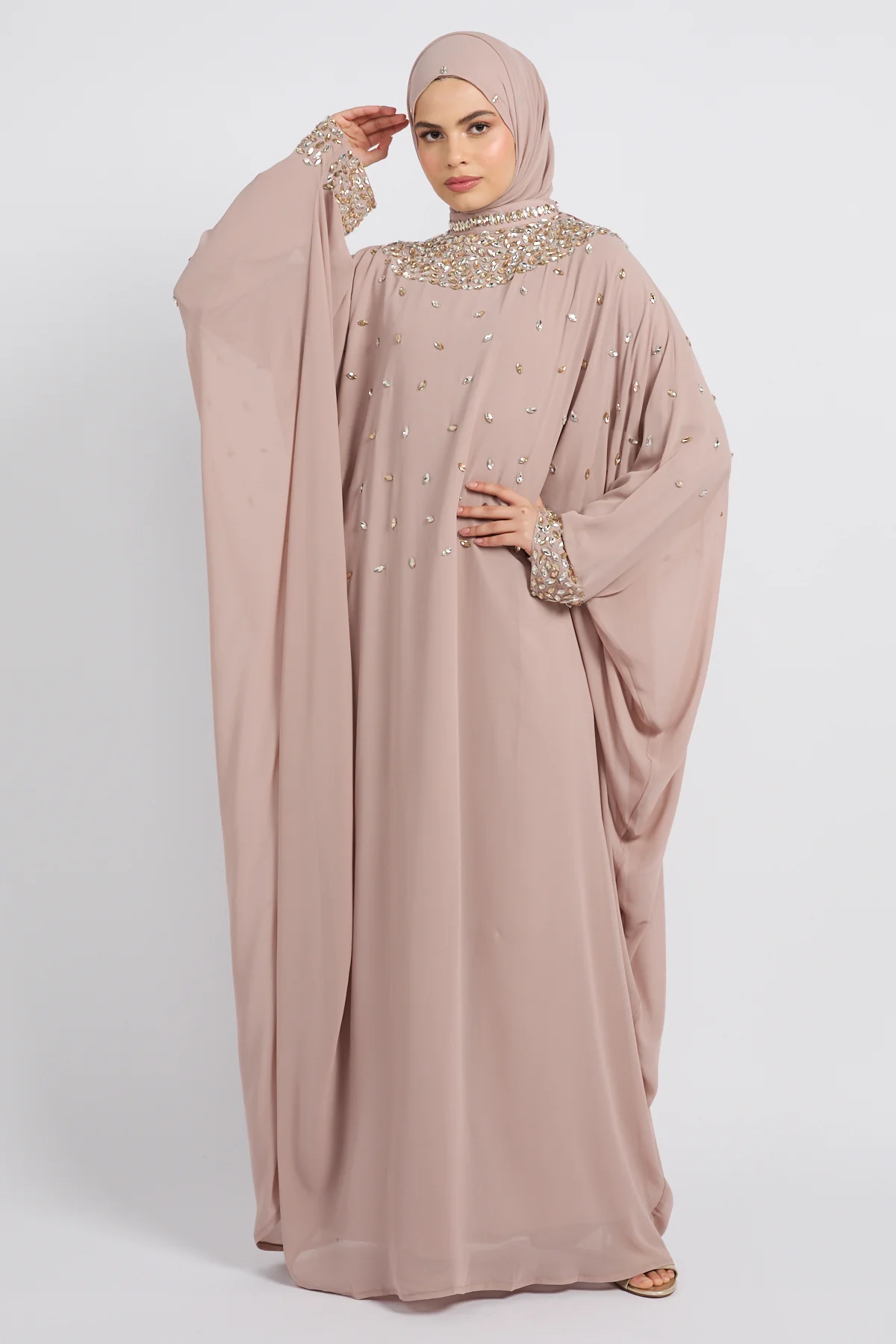 Noor Royale Three Piece Embellished Luxe Closed Abaya - Nude Beige - Image 4
