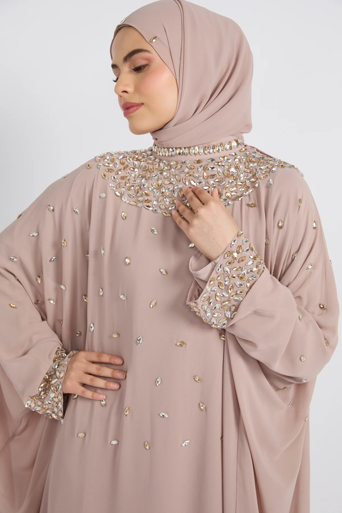 Noor Royale Three Piece Embellished Luxe Closed Abaya - Nude Beige - Image 5