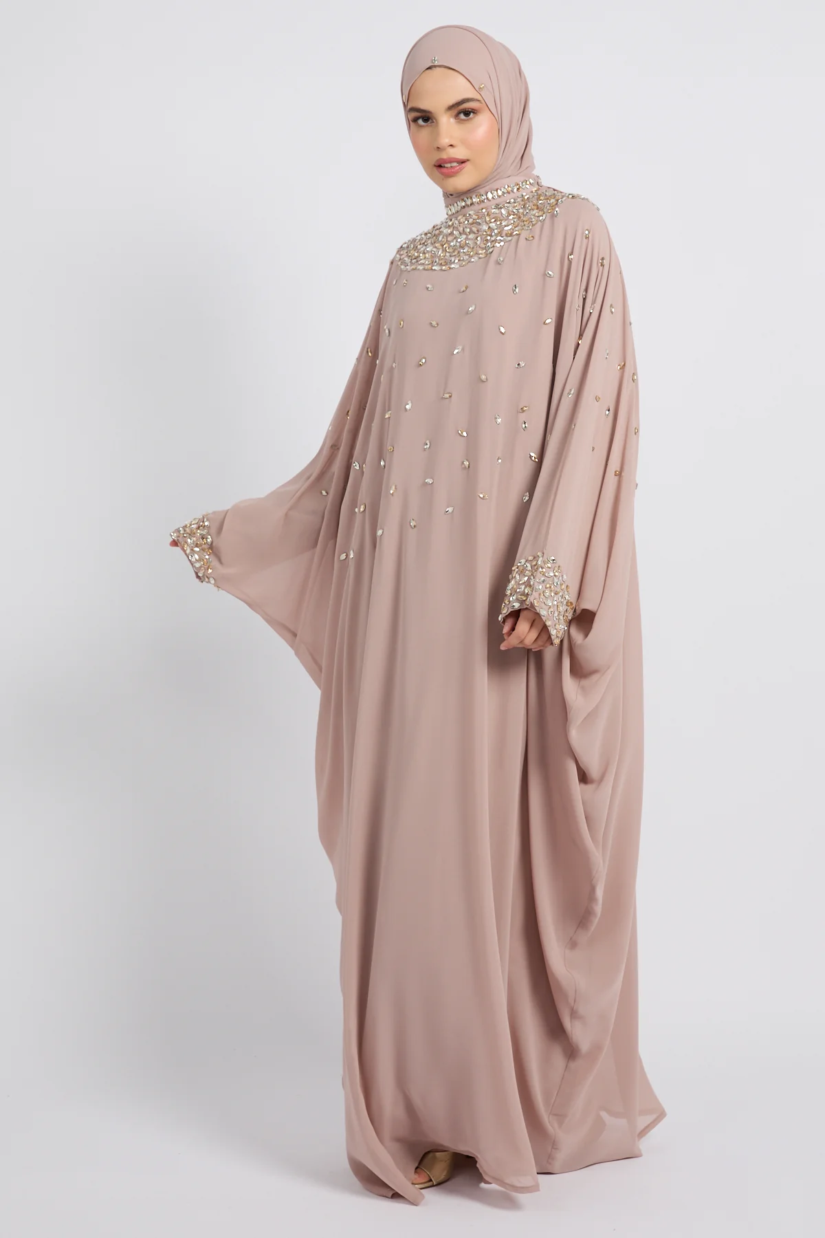 Noor Royale Three Piece Embellished Luxe Closed Abaya - Nude Beige - Image 7